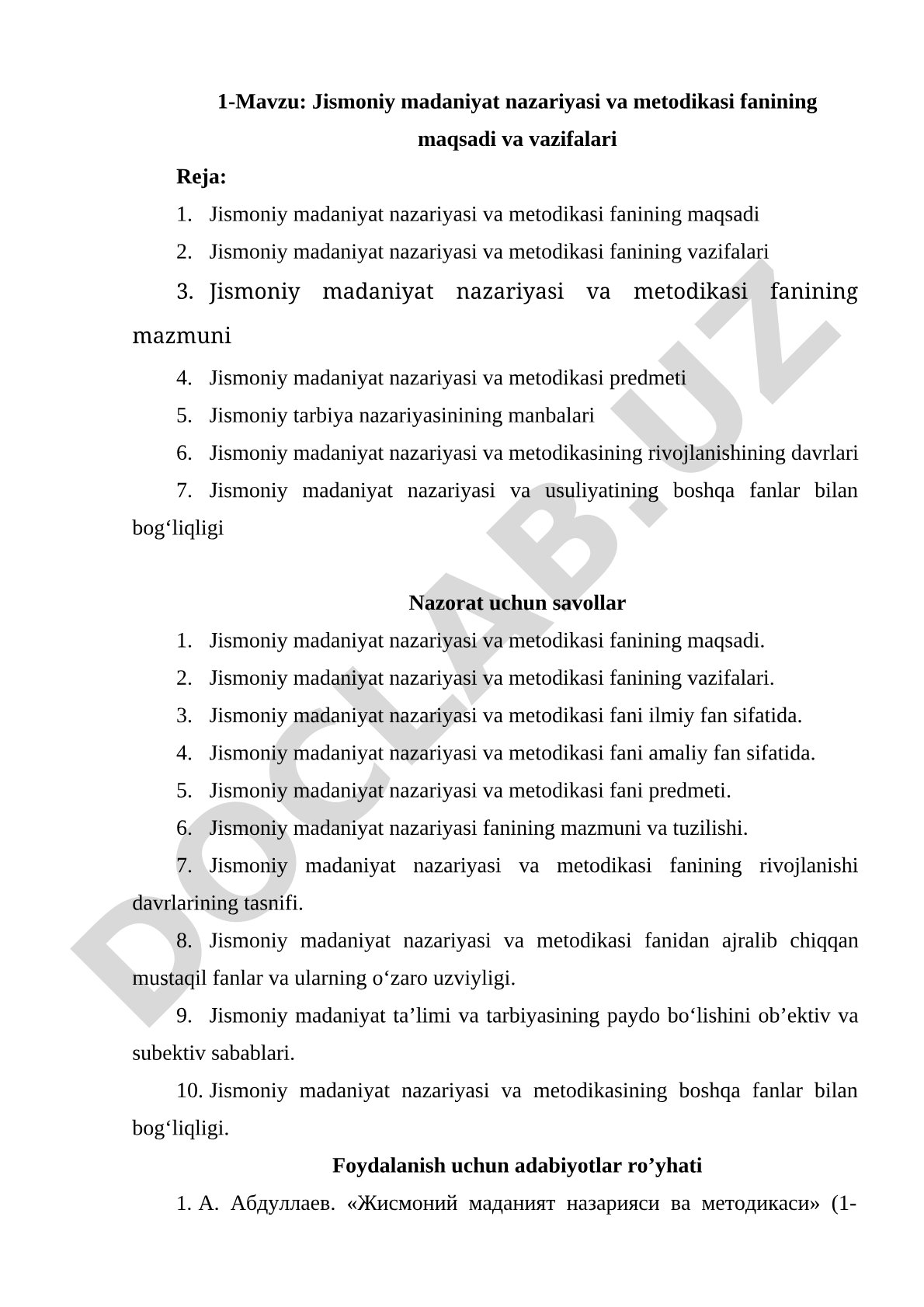 Jismoniy madaniyat nazariyasi va metodikasi fanining maqsadi va vazifalari