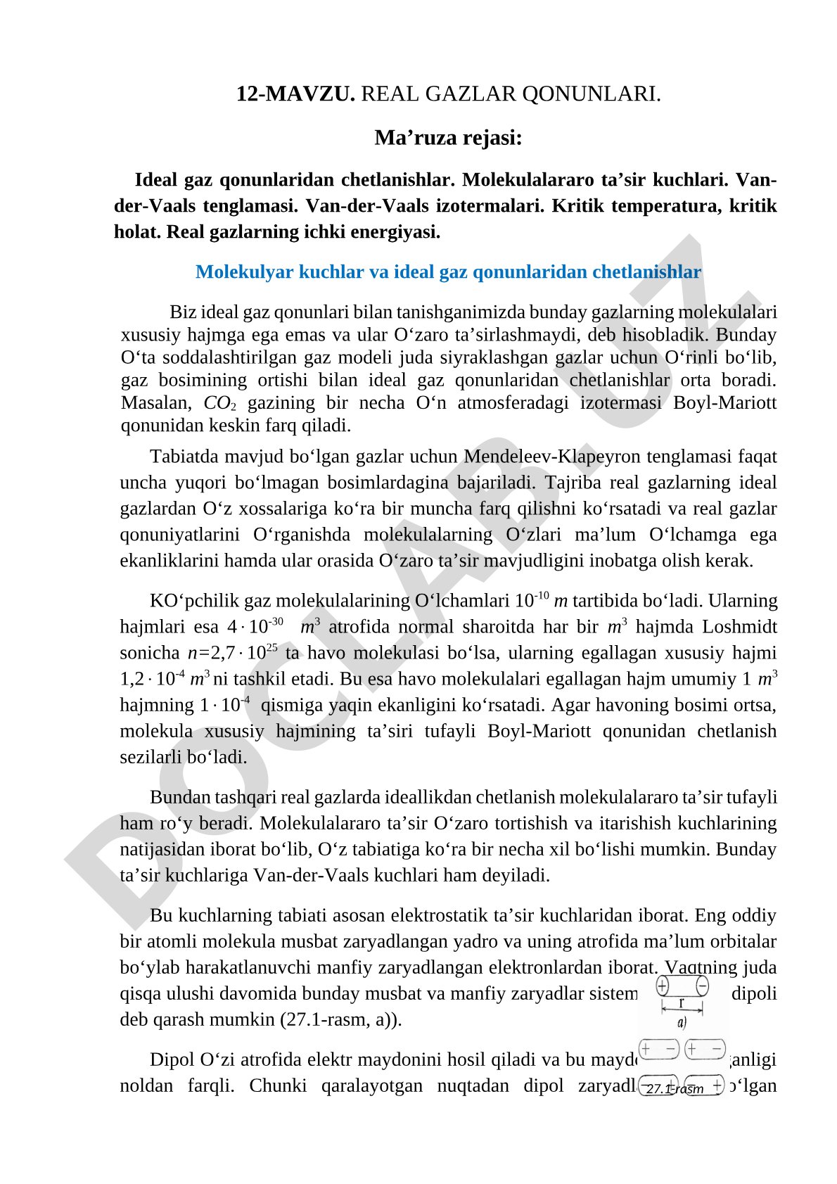 Real gazlarning ideal gaz qonunlaridan chetlanishi, Van-der-Vaals tenglamasi va kritik