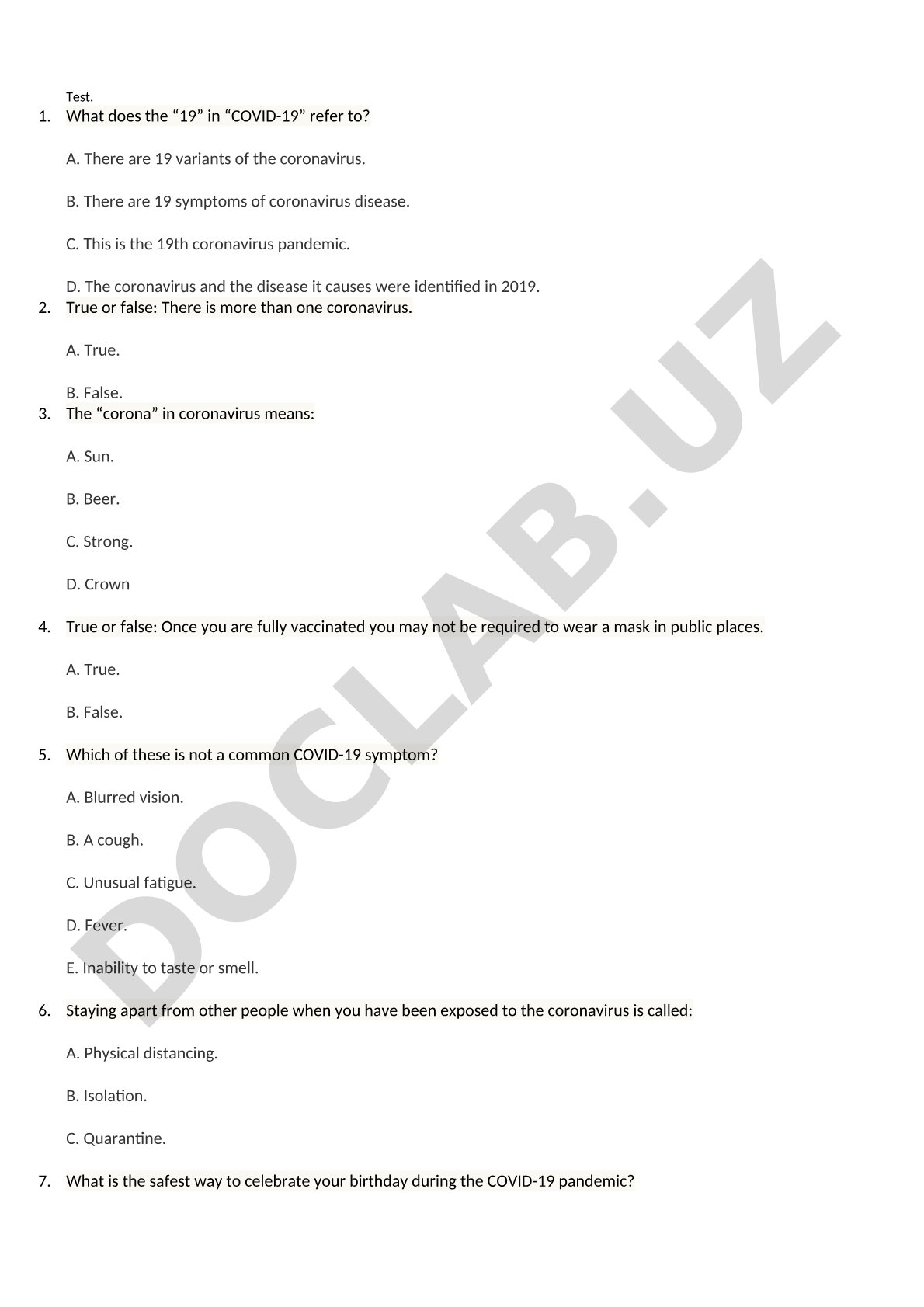 Quiz on COVID-19 with questions about symptoms, vaccines, and precautions