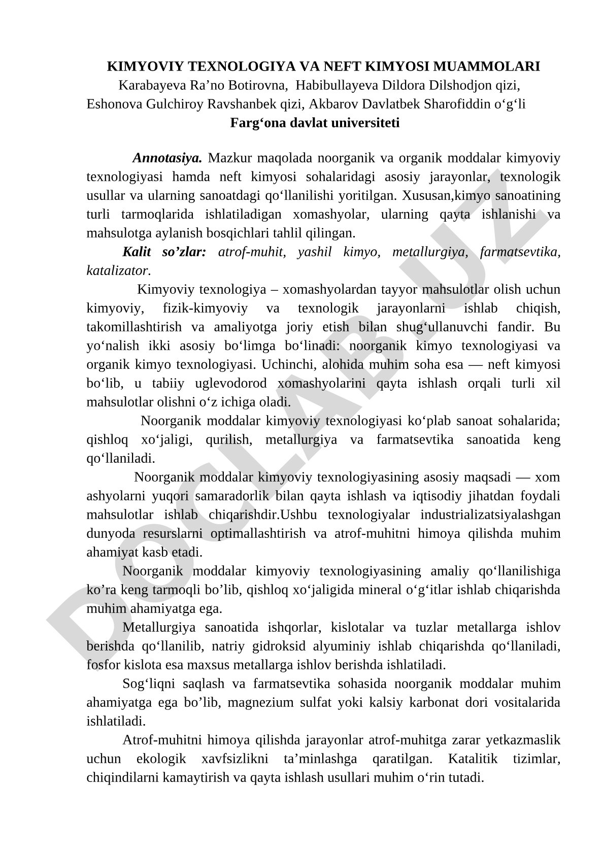 KIMYOVIY TEXNOLOGIYA VA NEFT KIMYOSI MUAMMOLARI