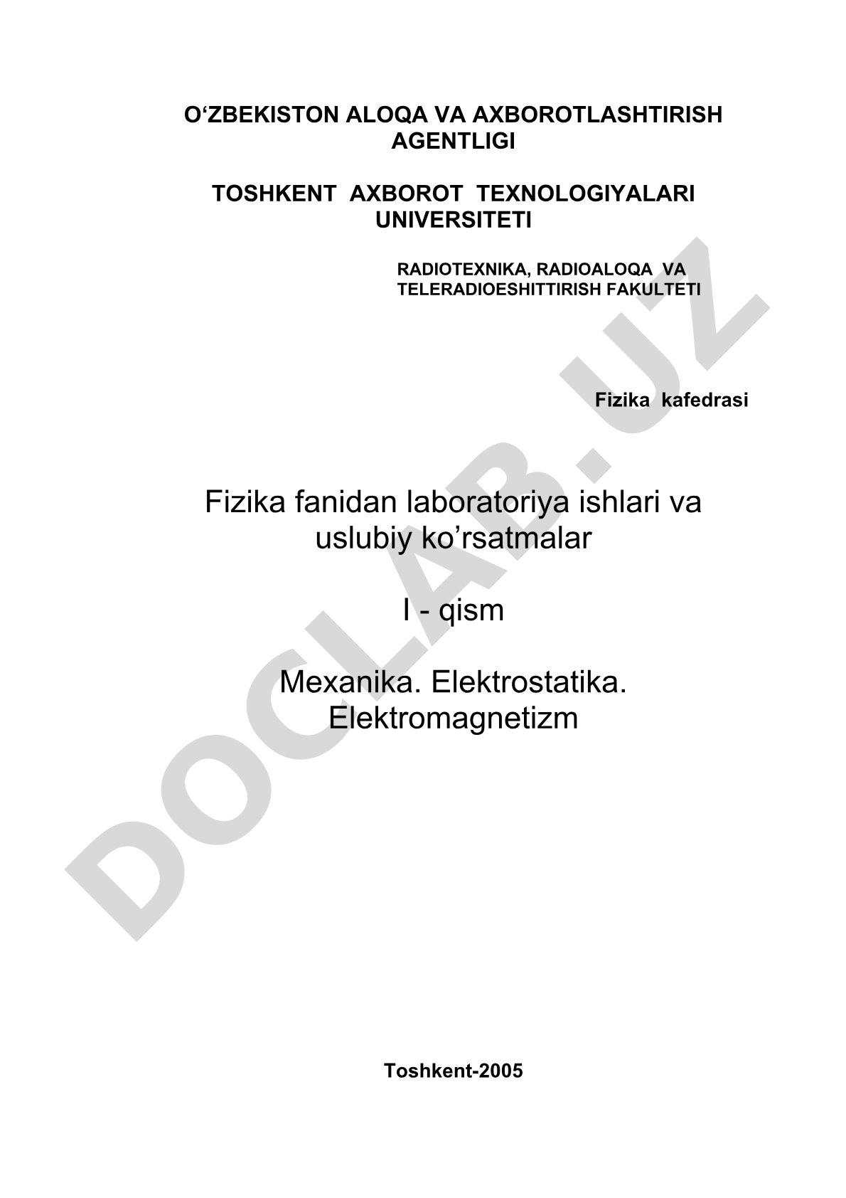 Fizika fanidan laboratoriya ishlari (Mexanika, Elektrostatika, Elektromagnetizm)