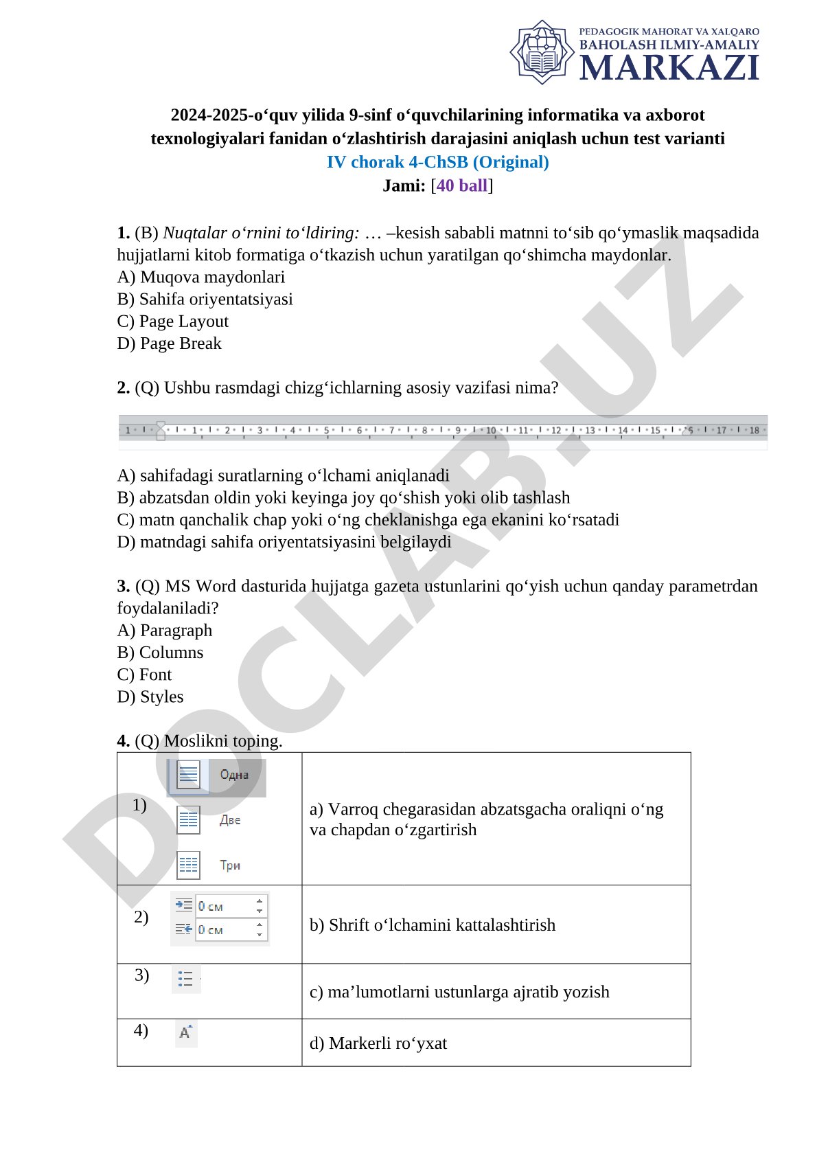 9-sinf informatika va axborot texnologiyalari IV chorak 4-ChSB testi