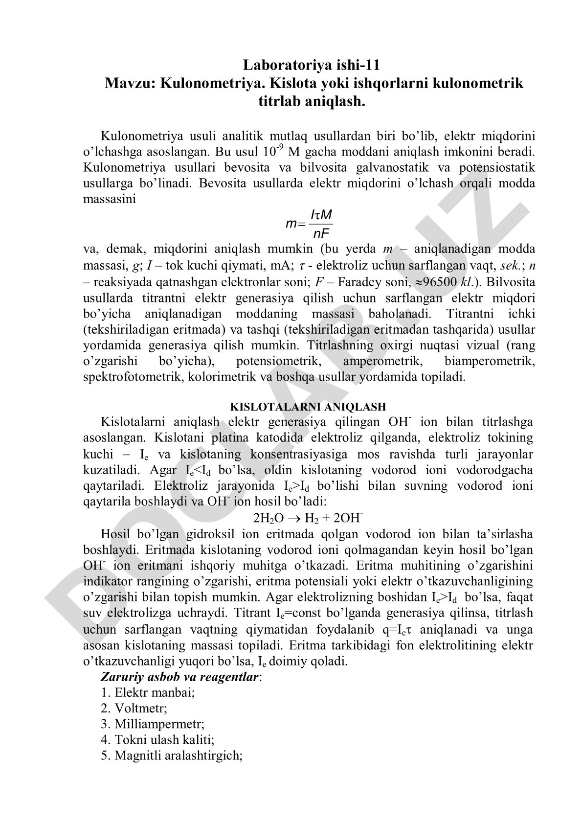 Kulonometriya. Kislota yoki ishqorlarni kulonometrik titrlab aniqlash