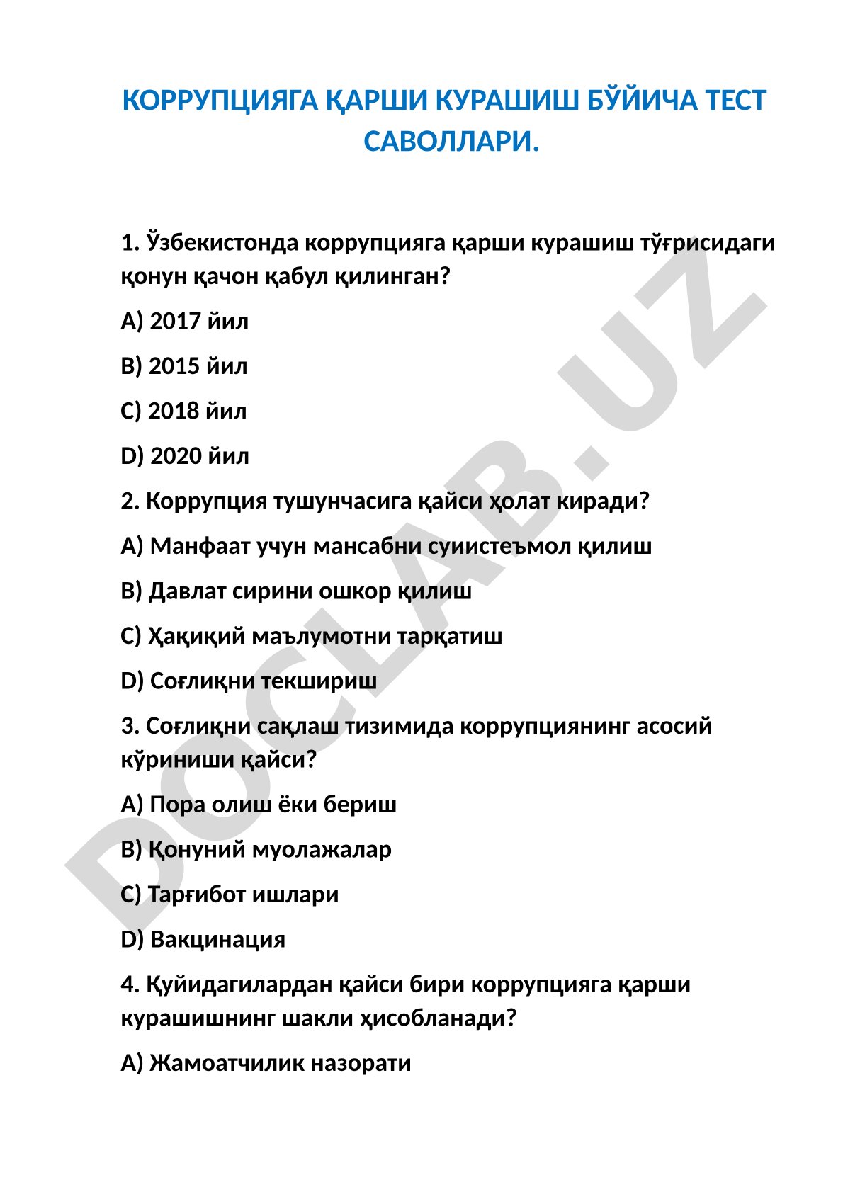 Коррупцияга қарши курашиш бўйича тест саволлари