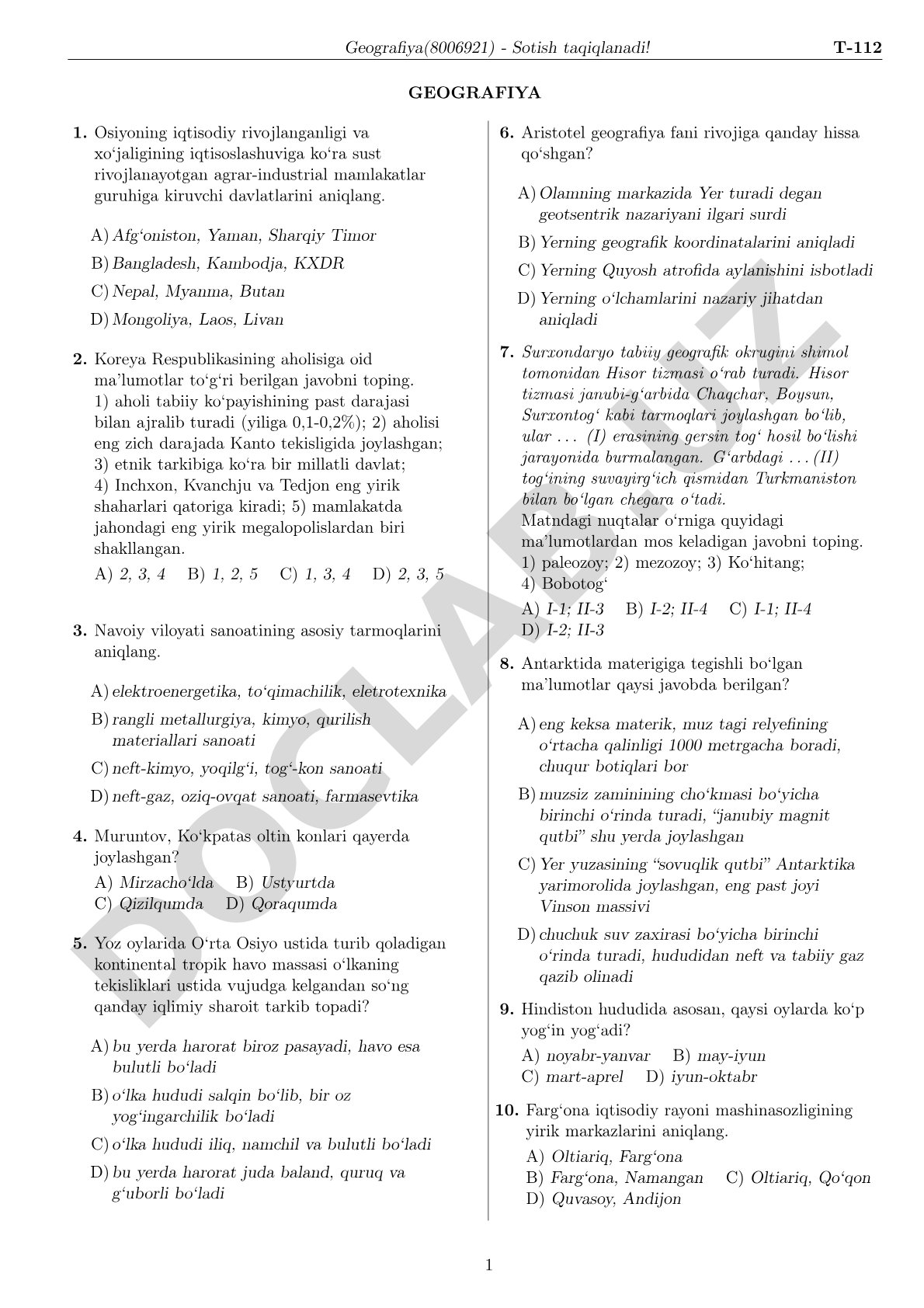 Geografiya test savollari