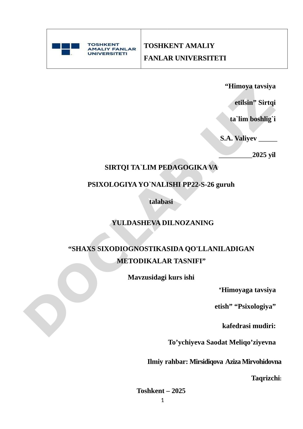 Shaxs sixodiognostikasida qo'llaniladigan metodikalar tasnifi