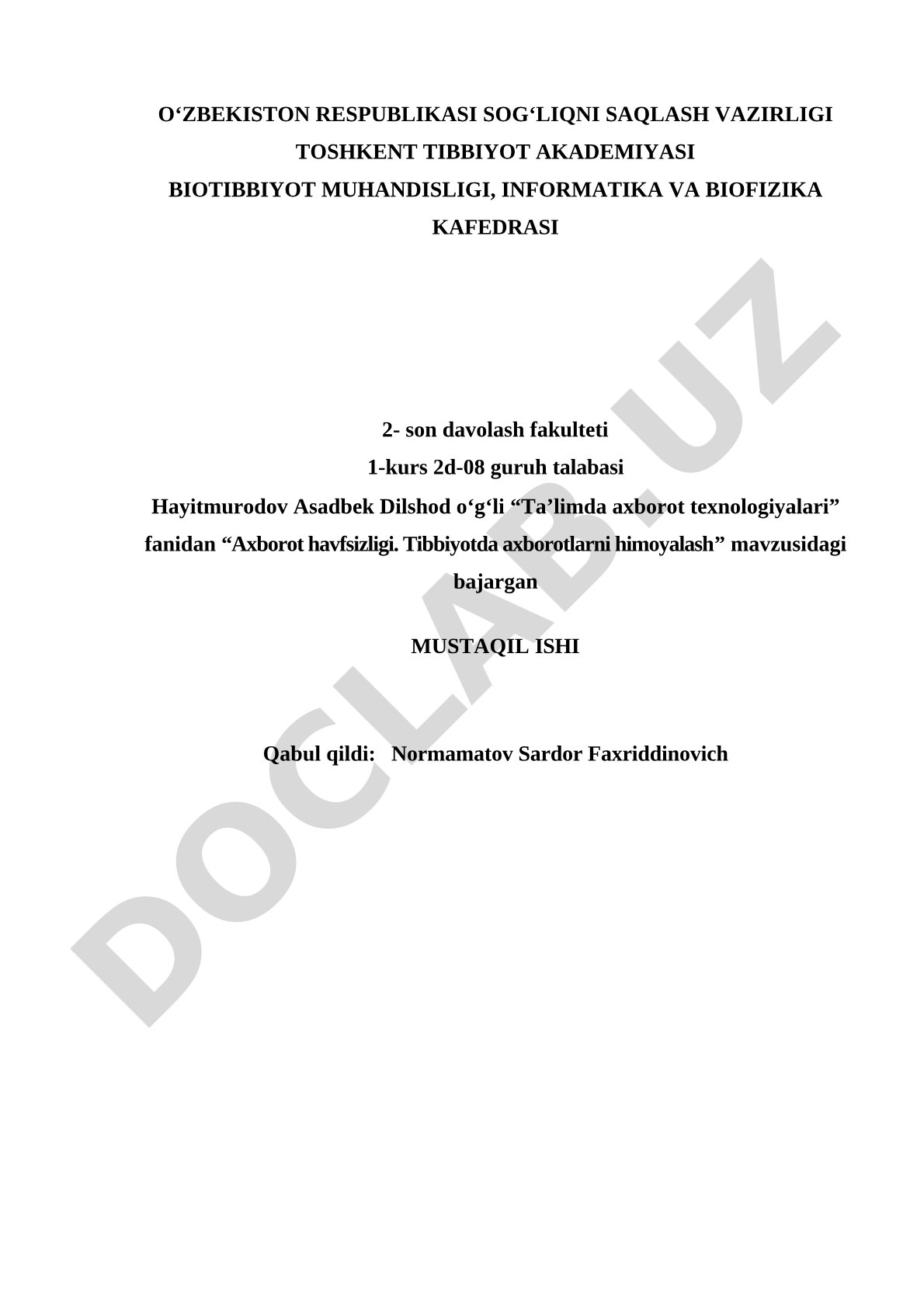 Axborot havfsizligi. Tibbiyotda axborotlarni himoyalash