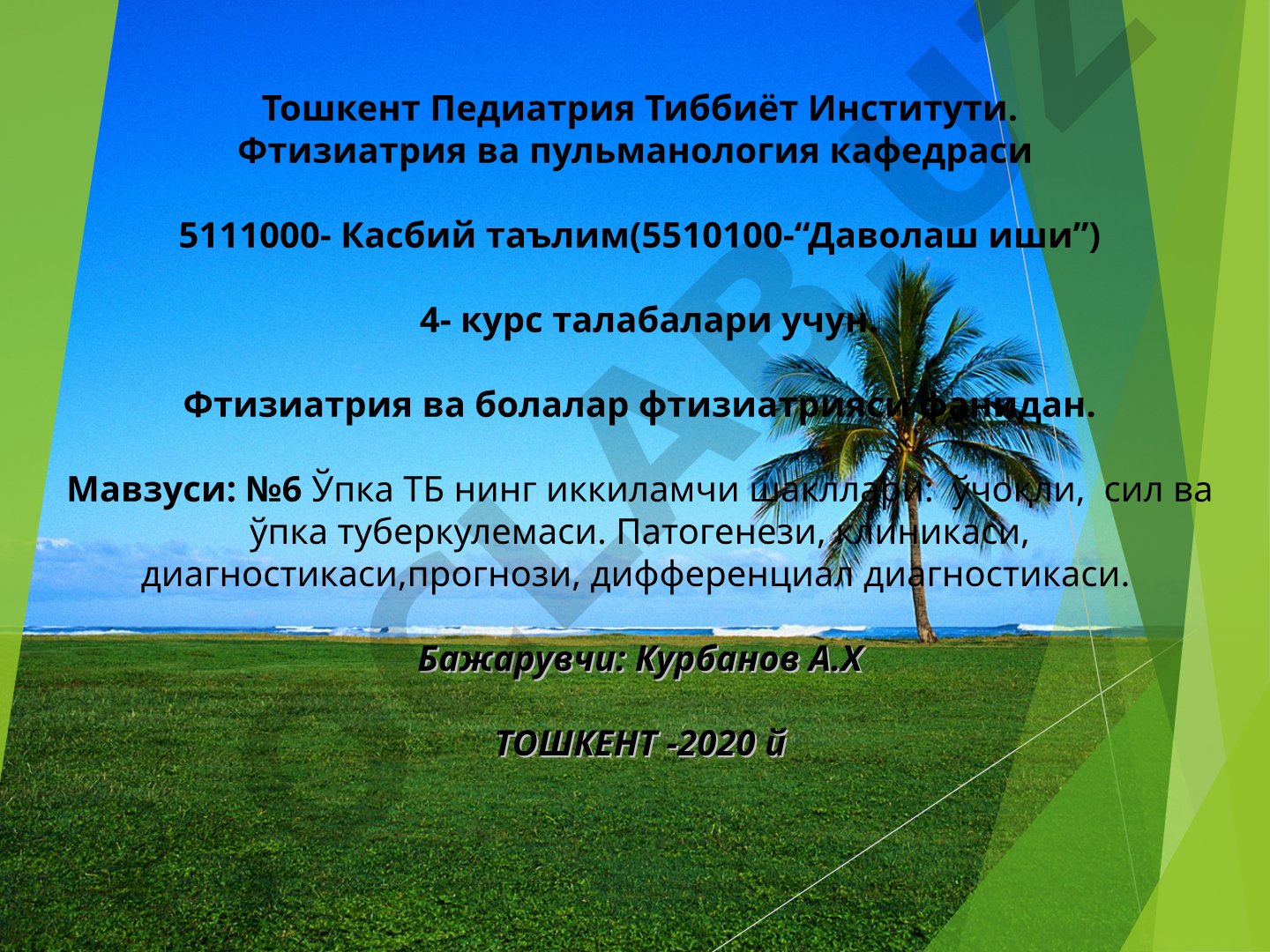 №6 Ўпка ТБ нинг иккиламчи шакллари: ўчоқли, сил ва ўпка туберкулемаси