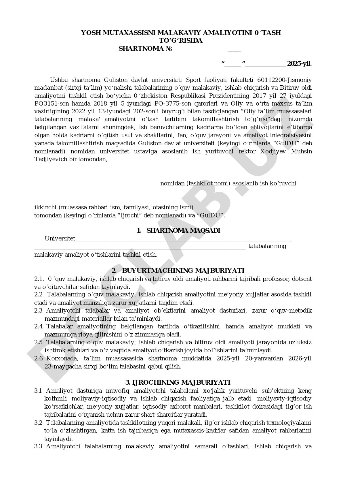 Yosh mutaxassis malakaviy amaliyotini tashkil etish