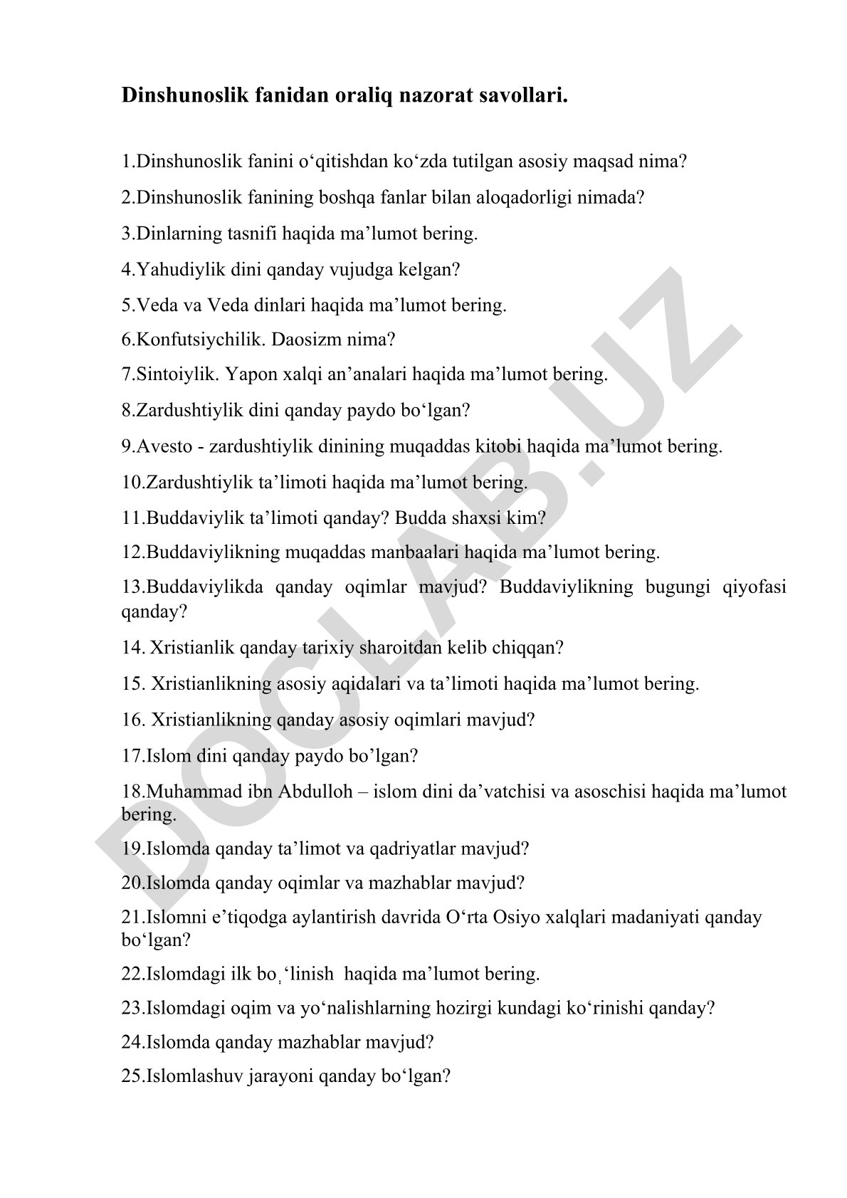 Dinshunoslik fanidan oraliq nazorat savollari