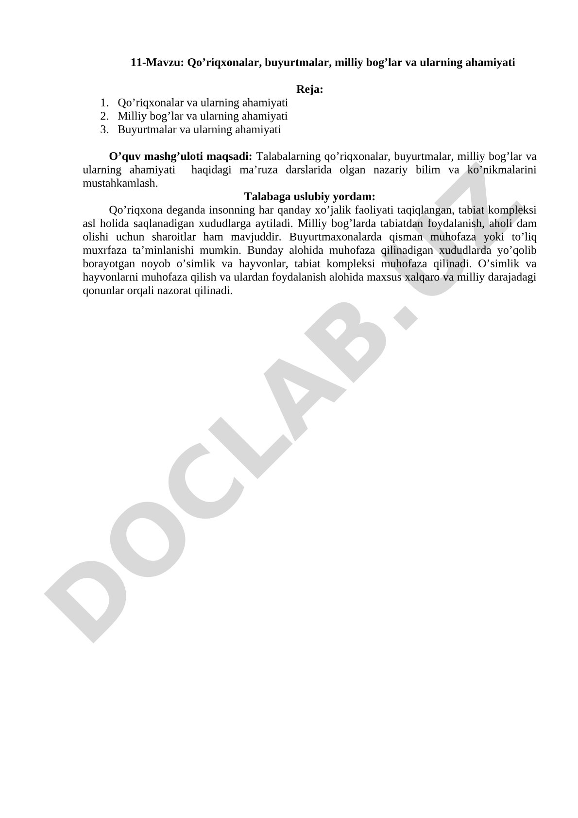 Qo'riqxonalar, buyurtmalar, milliy bog'lar va ularning ahamiyati