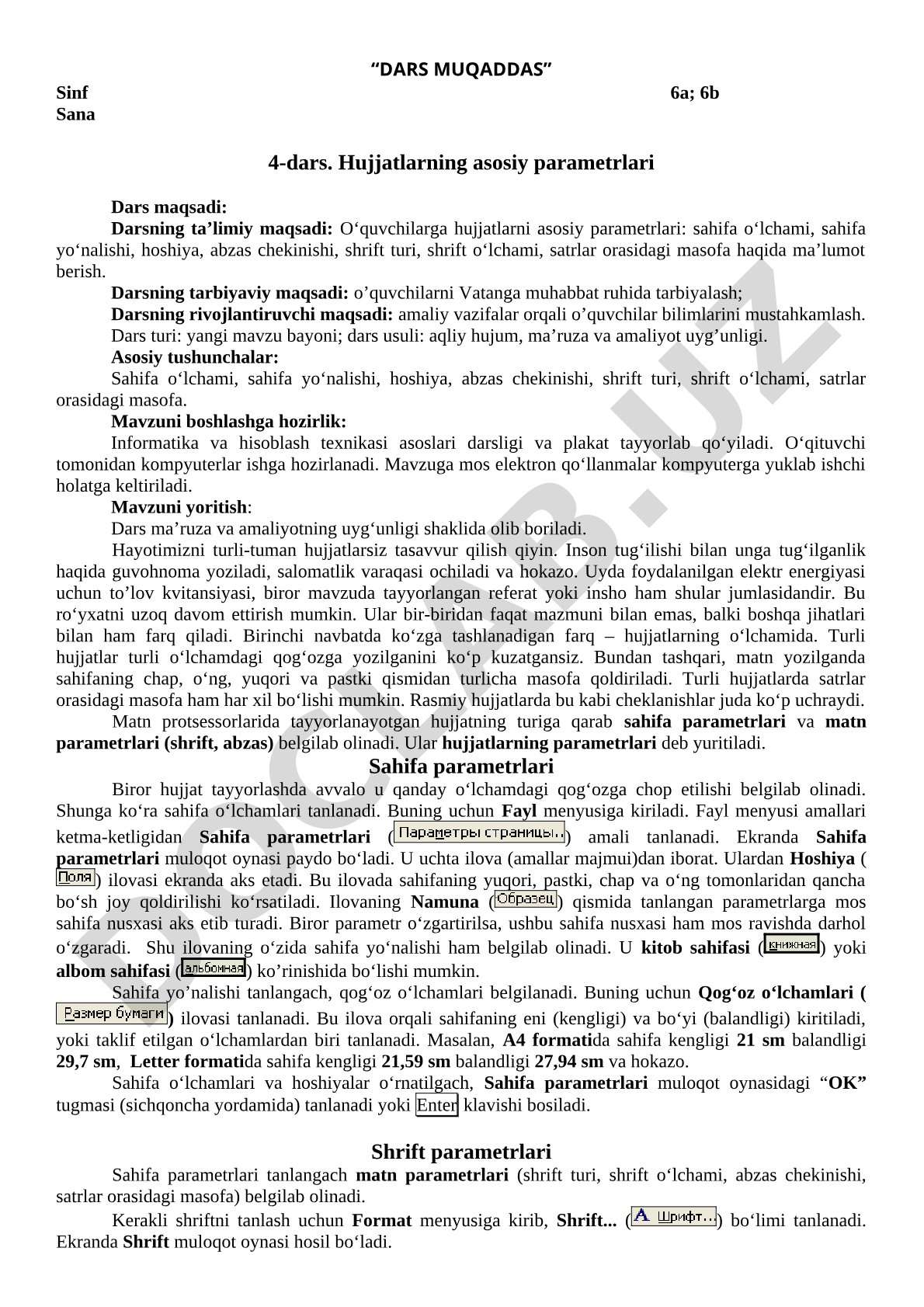 Asosiy sahifa va shrift parametrlari