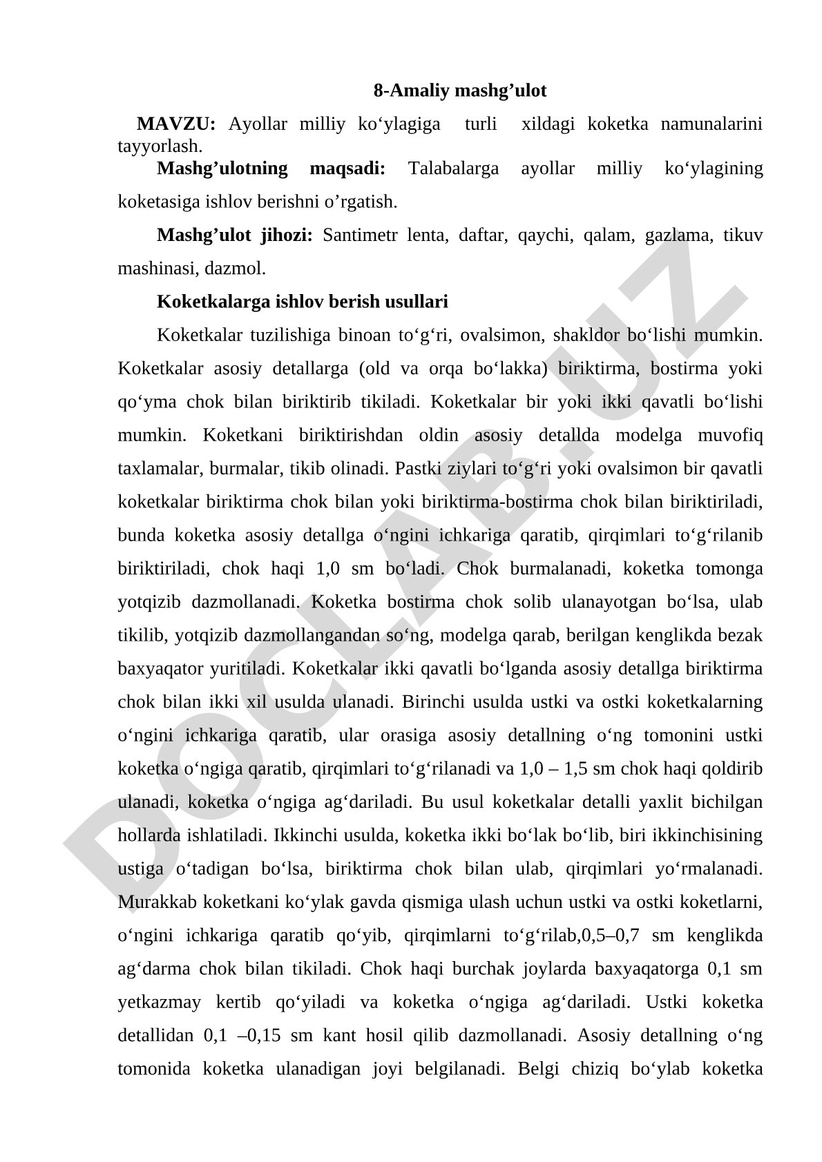 Ayollar milliy ko‘ylagiga turli xildagi koketka namunalarini tayyorlash