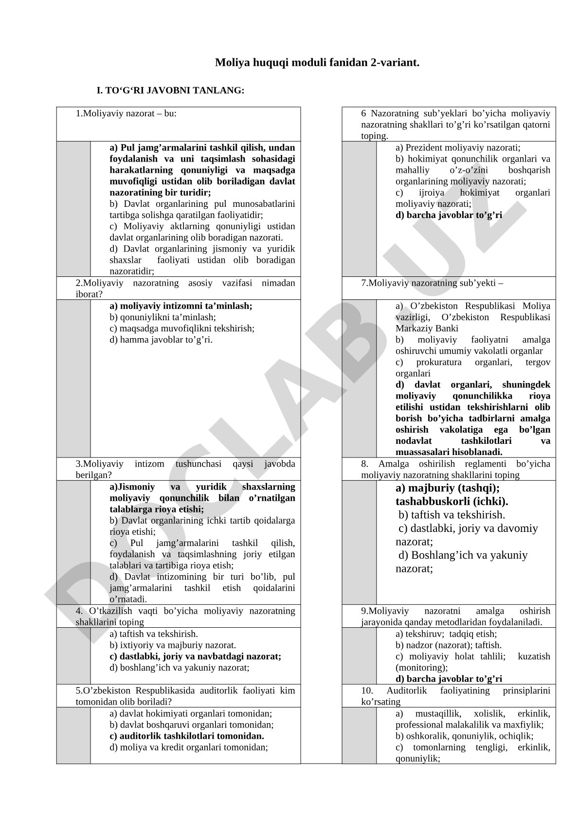 Moliya huquqi moduli fanidan 2-variant