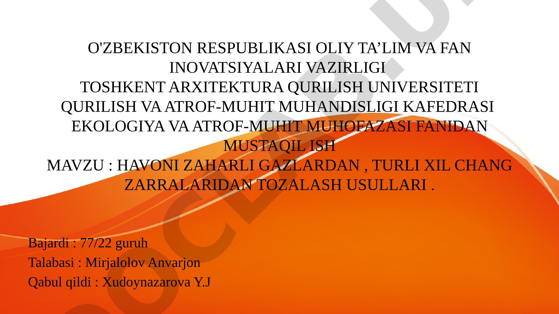 Havoni zaharli gazlardan, turli xil chang zarralaridan tozalash usullari
