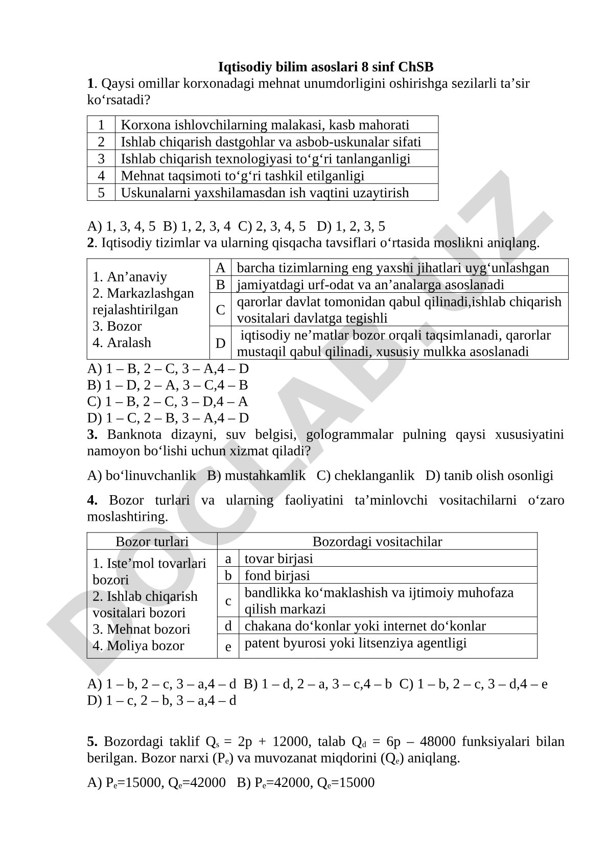 Iqtisodiy bilim asoslari 8-sinf ChSB 1 test savollari