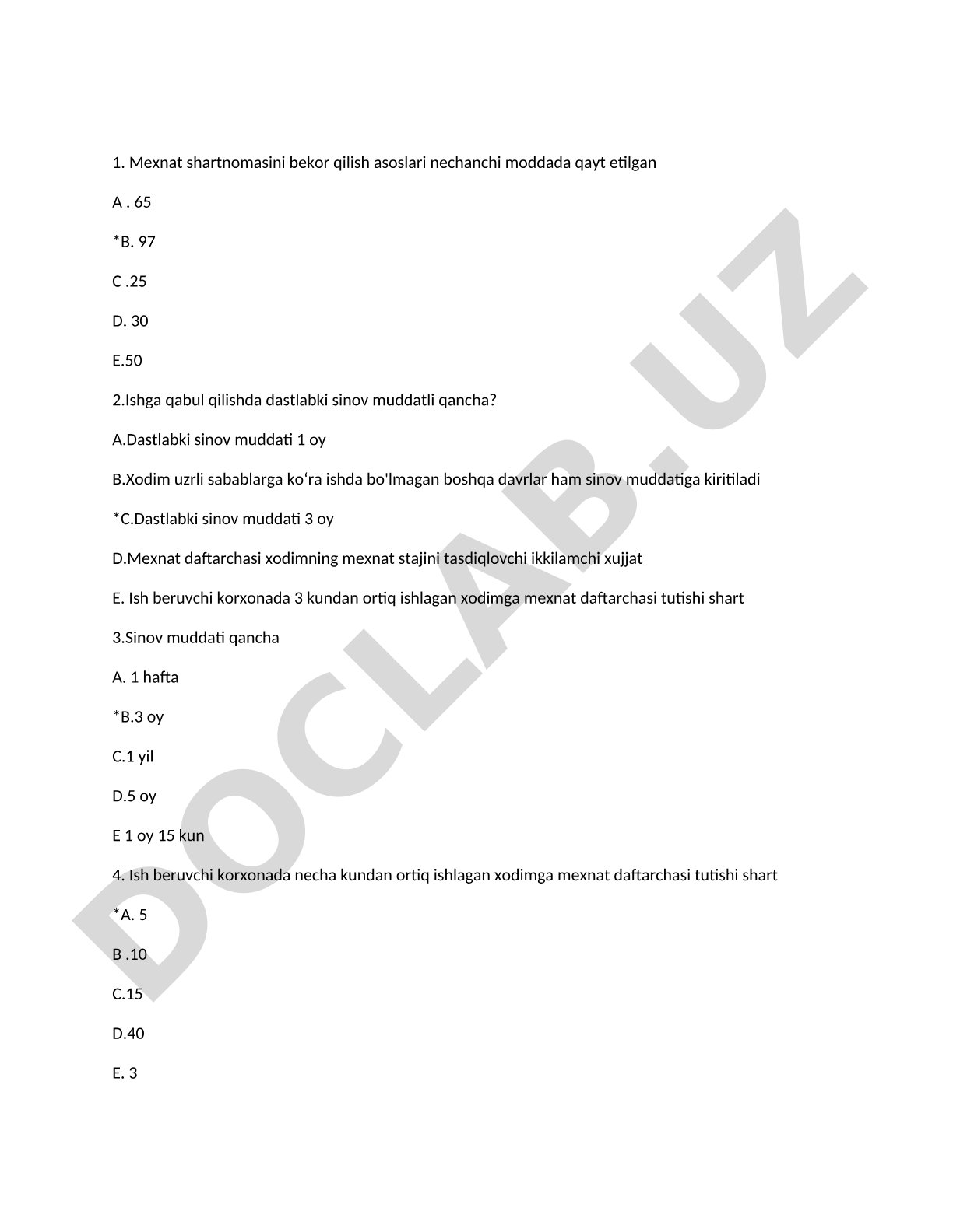 Mehnat qonunchiligi bo'yicha test savollari