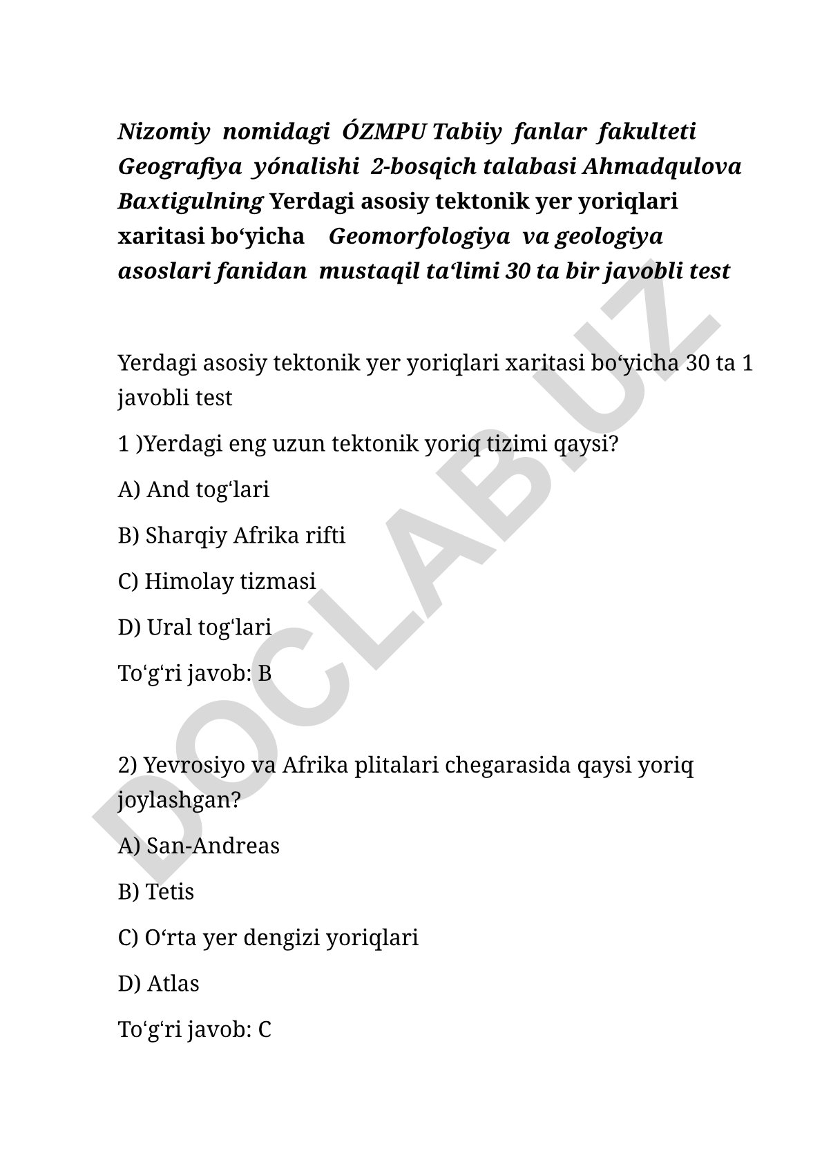 Yerdagi asosiy tektonik yer yoriqlari xaritasi bo'yicha test