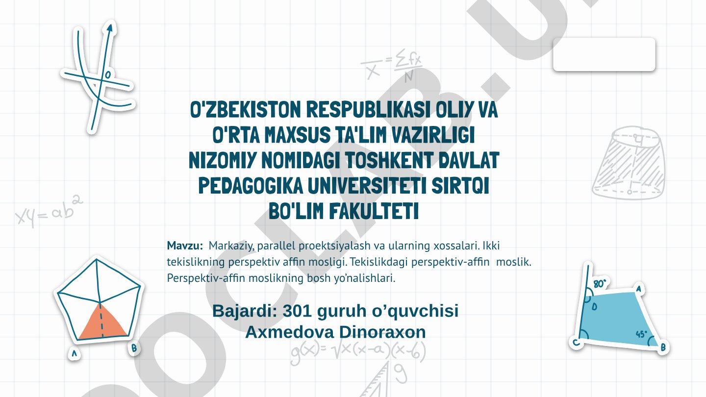 Markaziy, parallel proektsiyalash va ularning xossalari. Ikki tekislikning perspektiv affin mosligi. Tekislikdagi perspektiv-affin moslik. Perspektiv-affin moslikning bosh yo'nalishlari.