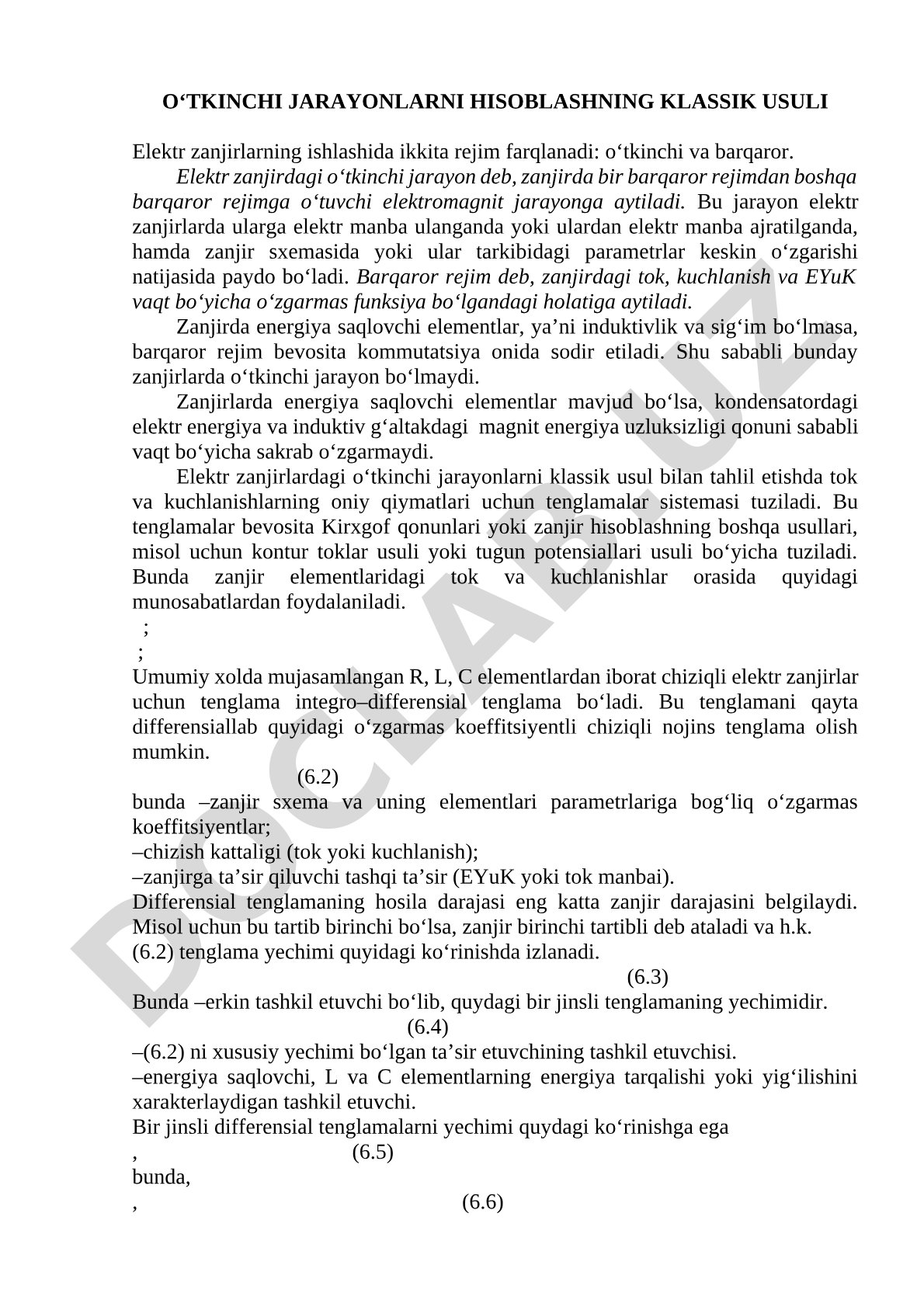O'tkinchi jarayonlarni hisoblashning klassik usuli