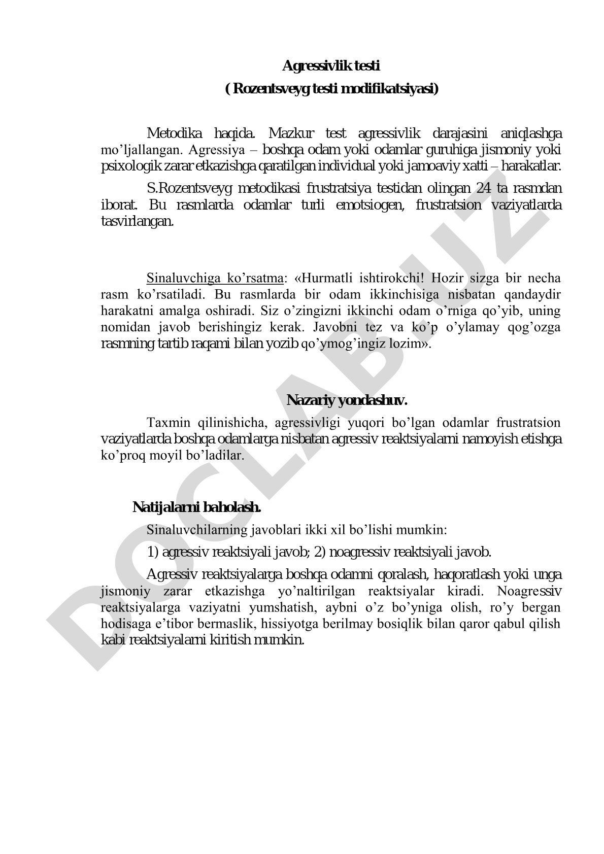 Agressivlik testi (Rozentsveyg testi modifikatsiyasi)