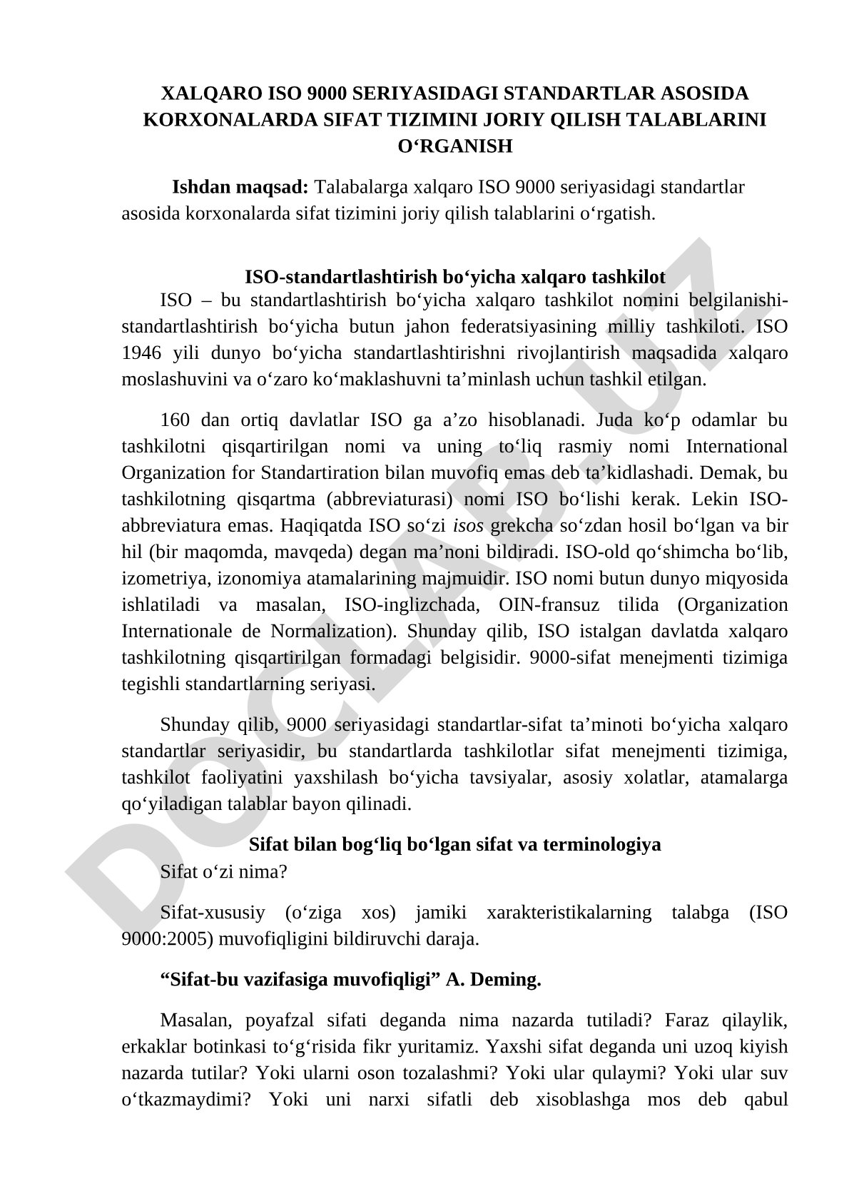 Xalqaro ISO 9000 seriyasidagi standartlar asosida korxonalarda sifat tizimini joriy qilish talablarini o‘rganish