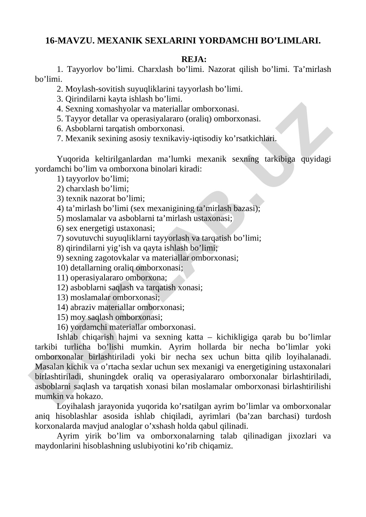 Mexanik sexlarini yordamchi bo'limlari