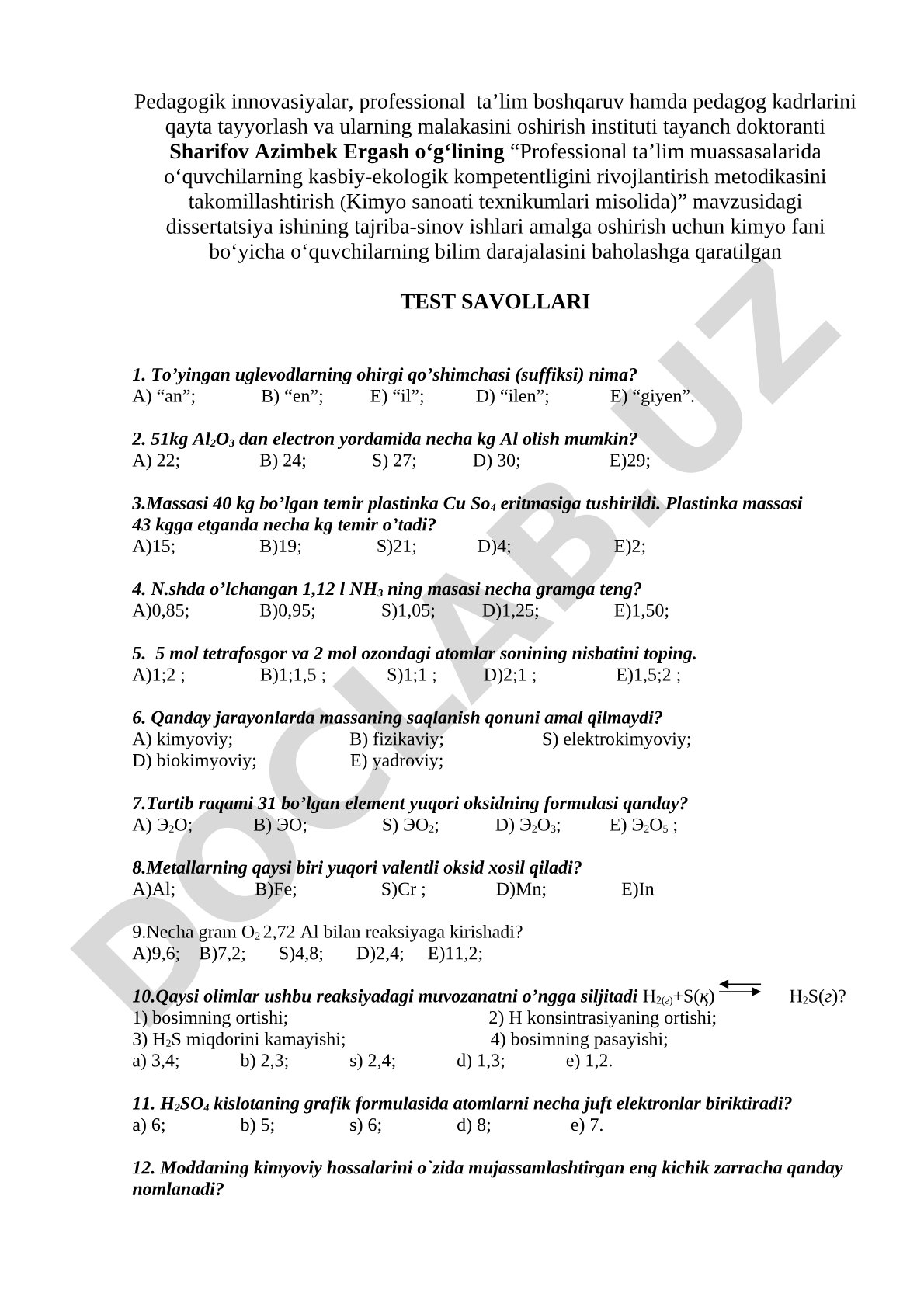 Professional ta’lim muassasalarida o‘quvchilarning kasbiy-ekologik kompetentligini rivojlantirish metodikasini takomillashtirish (Kimyo sanoati texnikumlari misolida)