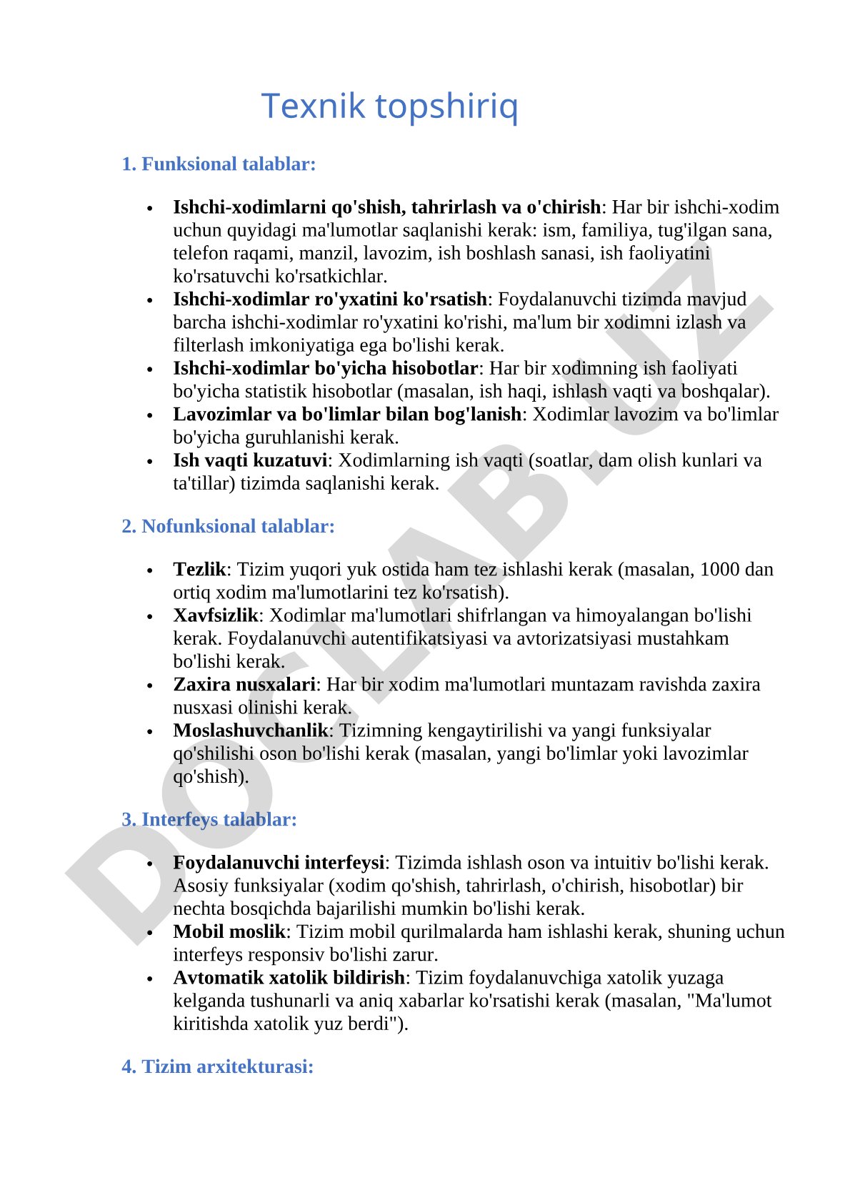 Ishchi-xodimlarni boshqarish tizimiga funksional va nofunksional talablar