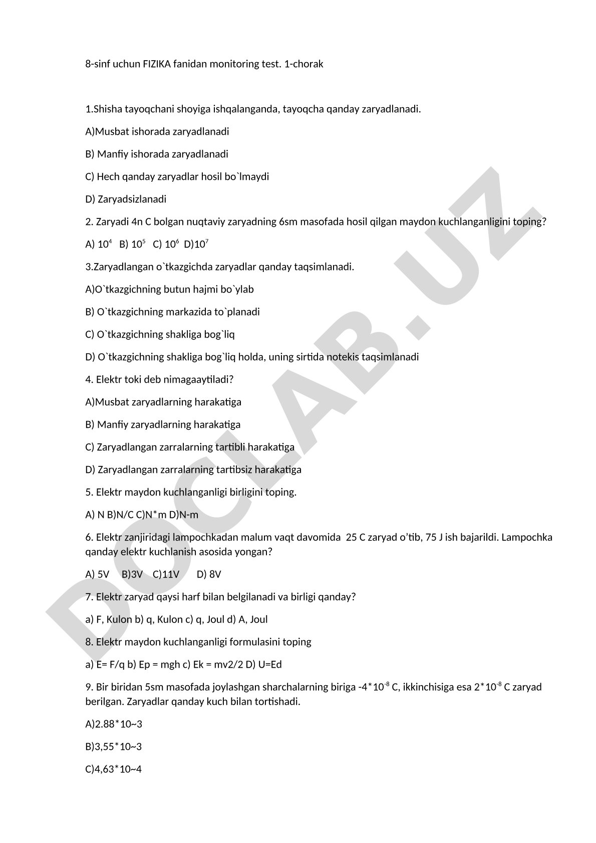 8-sinf fizika fanidan 1-chorak monitoring testi