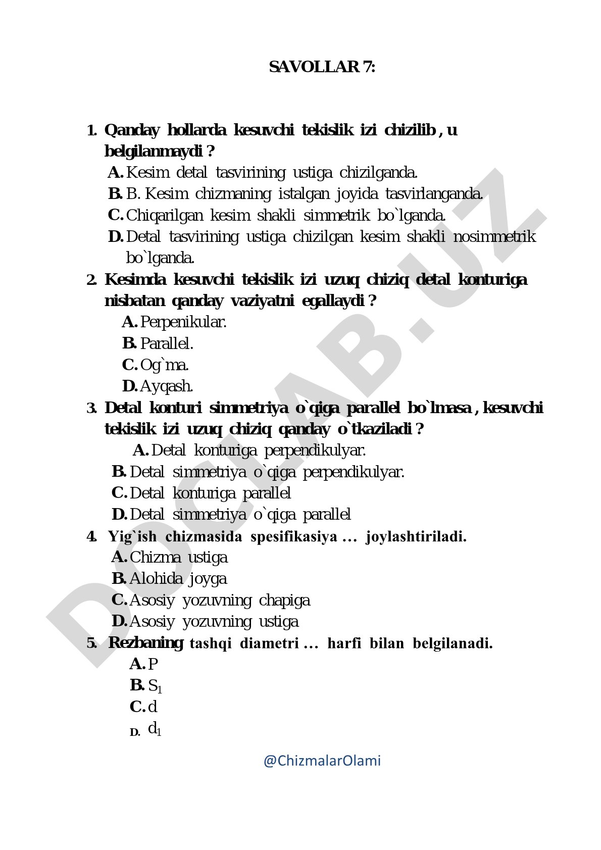 Kesuvchi tekislik izi va kesimlar bo'yicha savollar