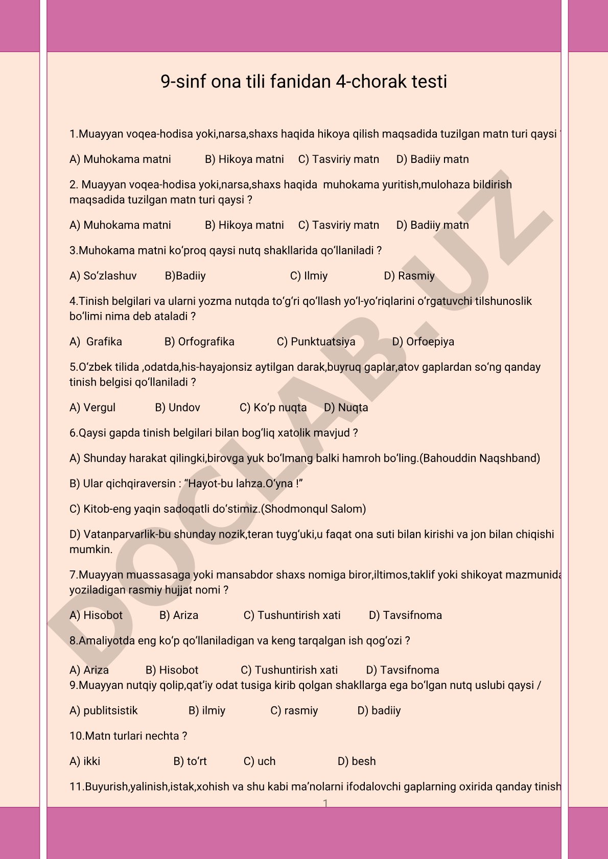 9-sinf ona tili fanidan 4-chorak testi