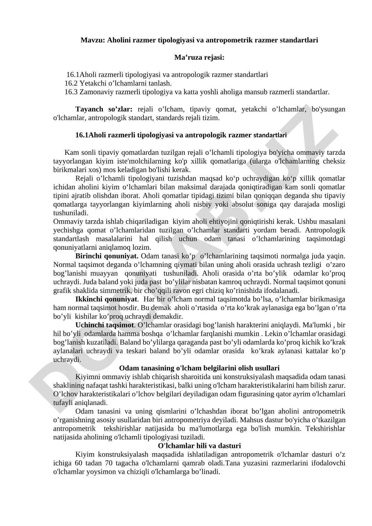 Aholini razmer tipologiyasi va antropometrik razmer standartlari