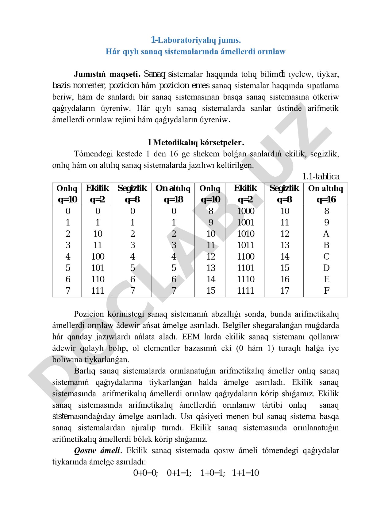 Hár qıylı sanaq sistemalarında ámellerdi orınlaw