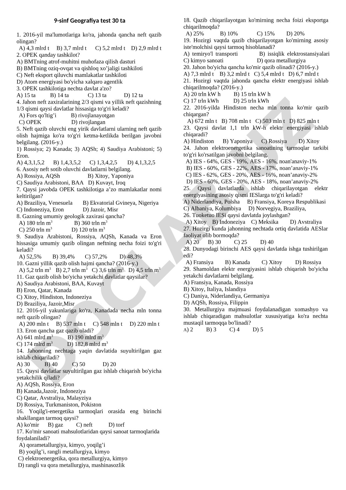 9-sinf Geografiya test 30 ta