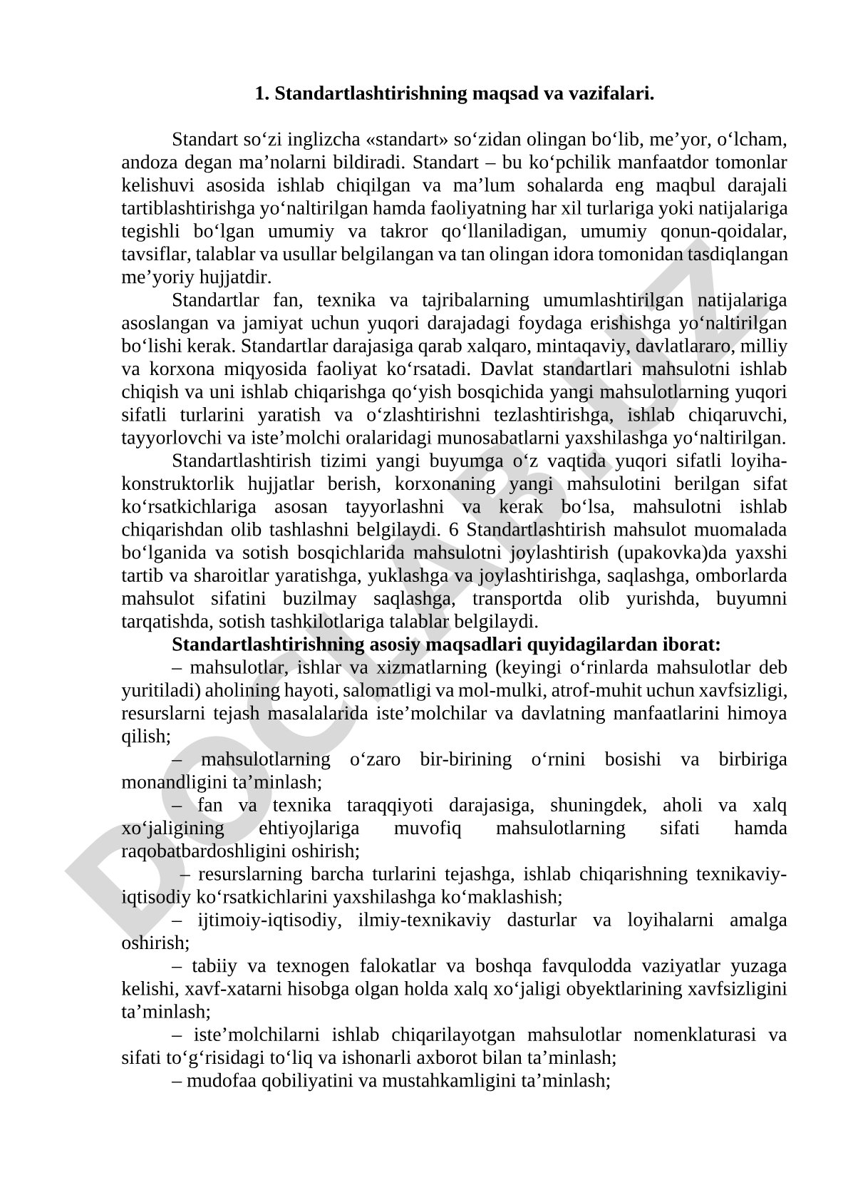Standartlashtirishning maqsad va vazifalari