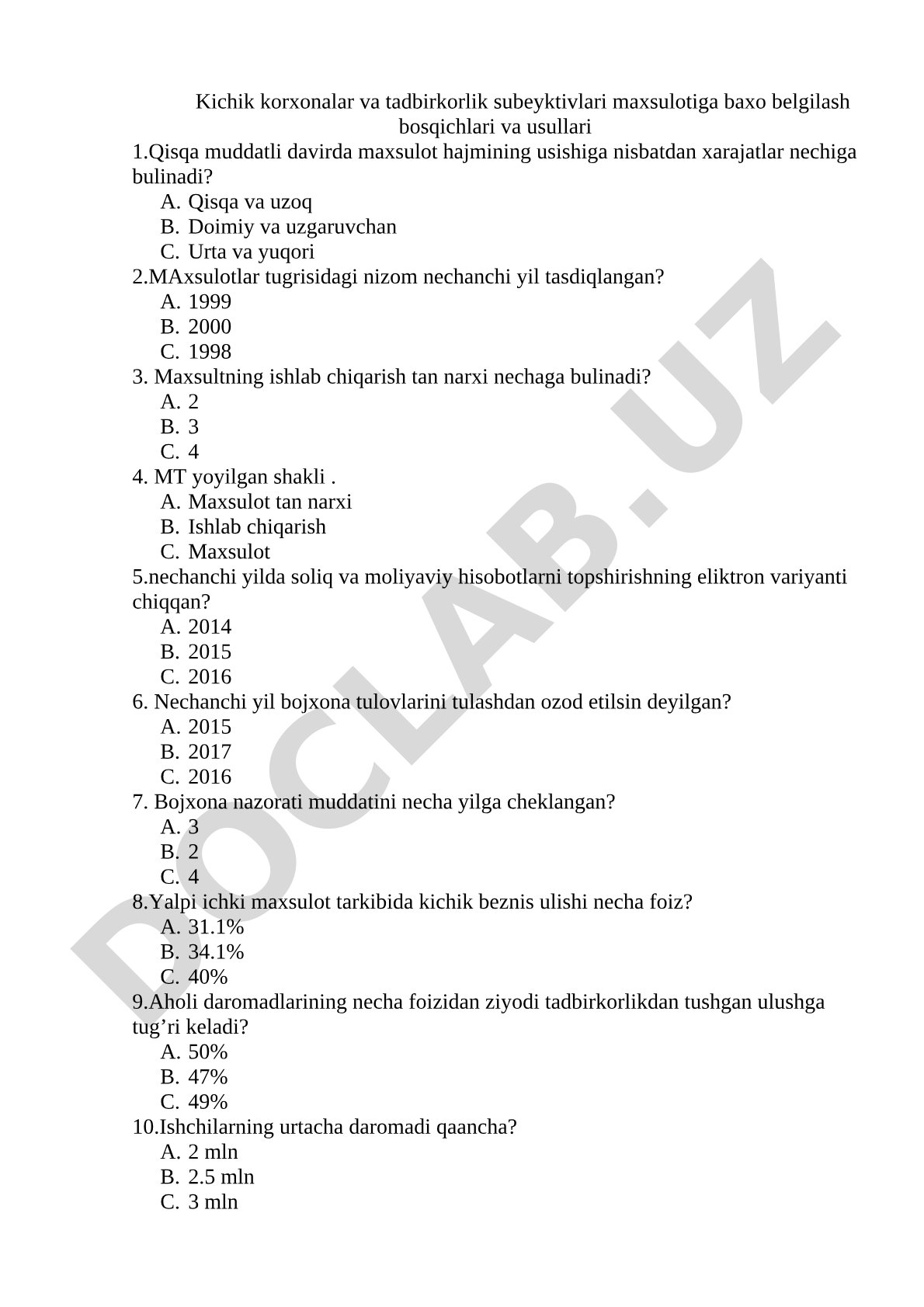 Kichik korxonalar va tadbirkorlik subyektlari mahsulotiga baho belgilash bosqichlari va usullari