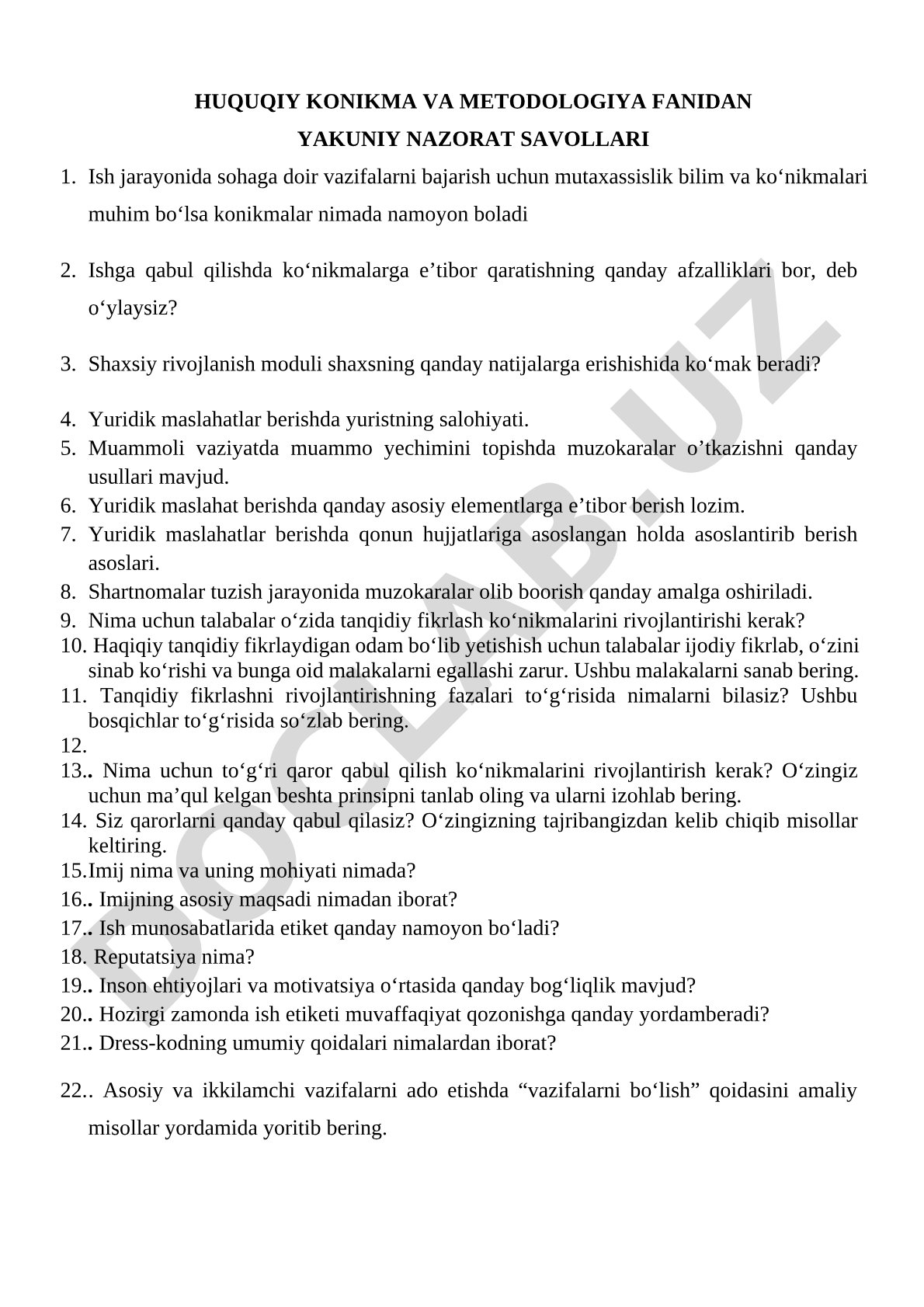 Huquqiy konikma va metodologiya fanidan yakuniy nazorat savollari