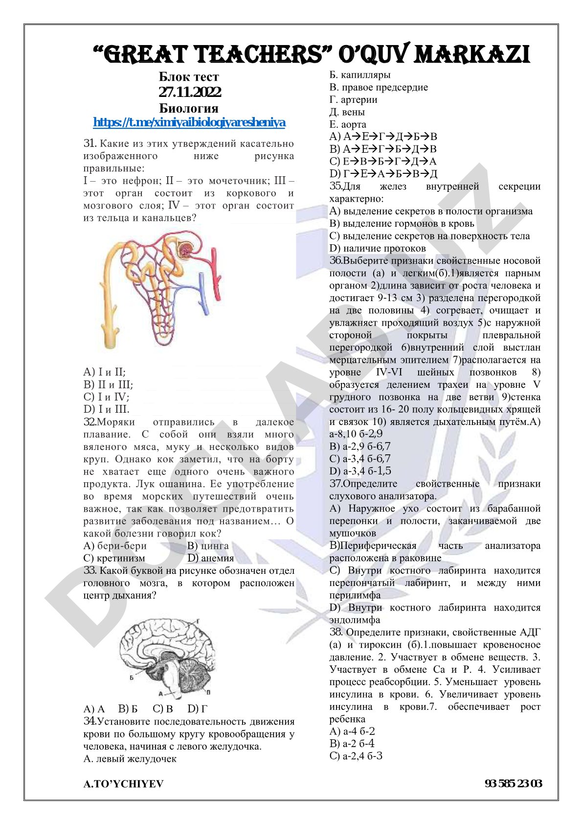 Блок тест по биологии