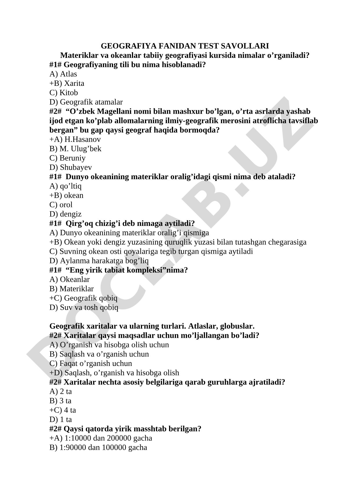 Materiklar va okeanlar tabiiy geografiyasi test savollari