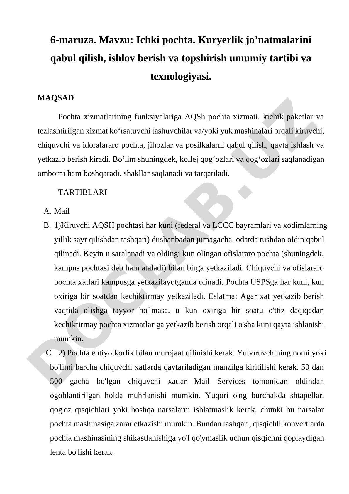 Ichki pochta. Kuryerlik jo’natmalarini qabul qilish, ishlov berish va topshirish umumiy tartibi va texnologiyasi