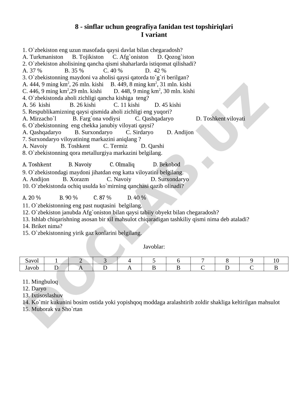 8-sinflar uchun geografiya fanidan test topshiriqlari I variant