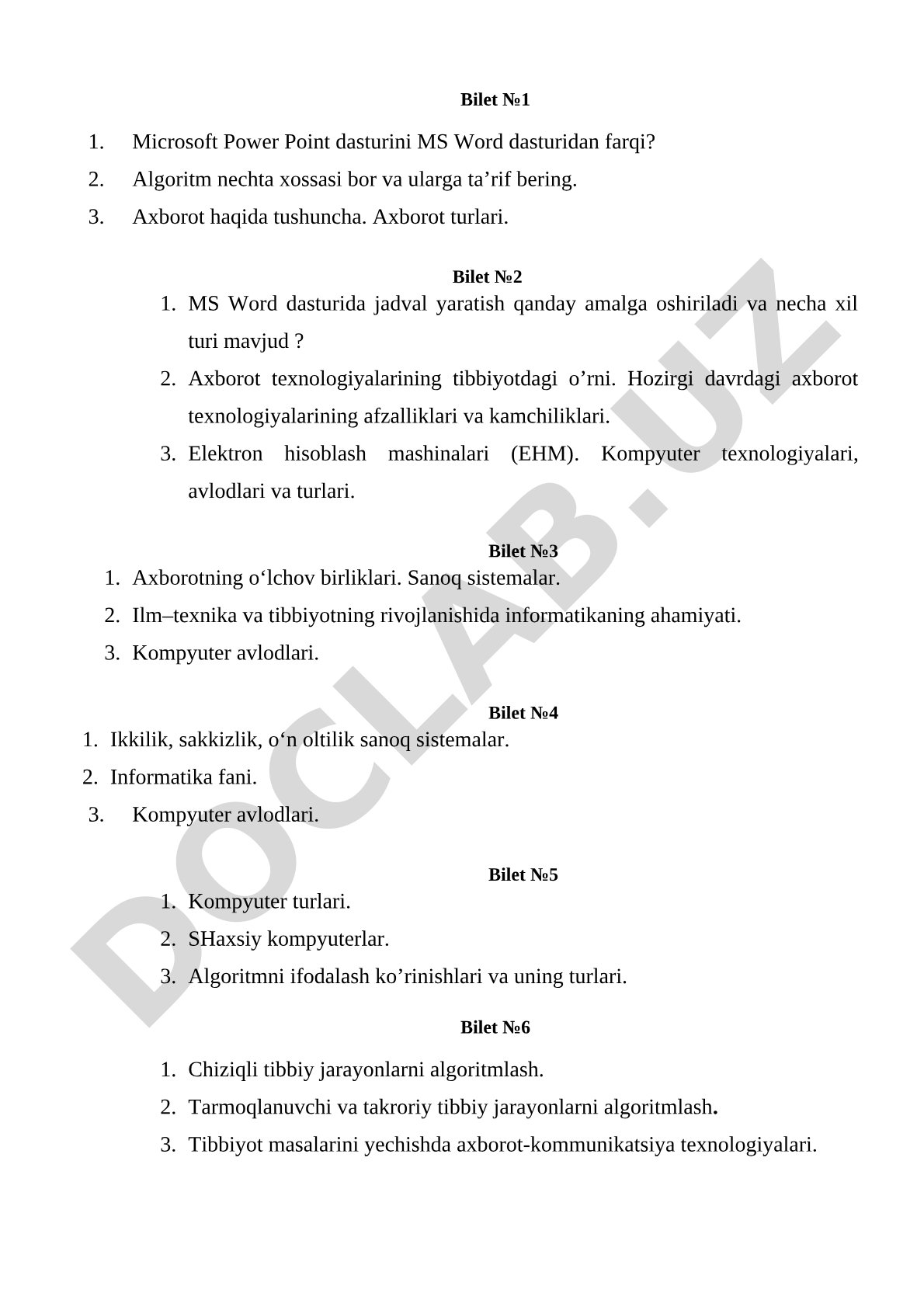Informatika va axborot texnologiyalari fanidan biletlar