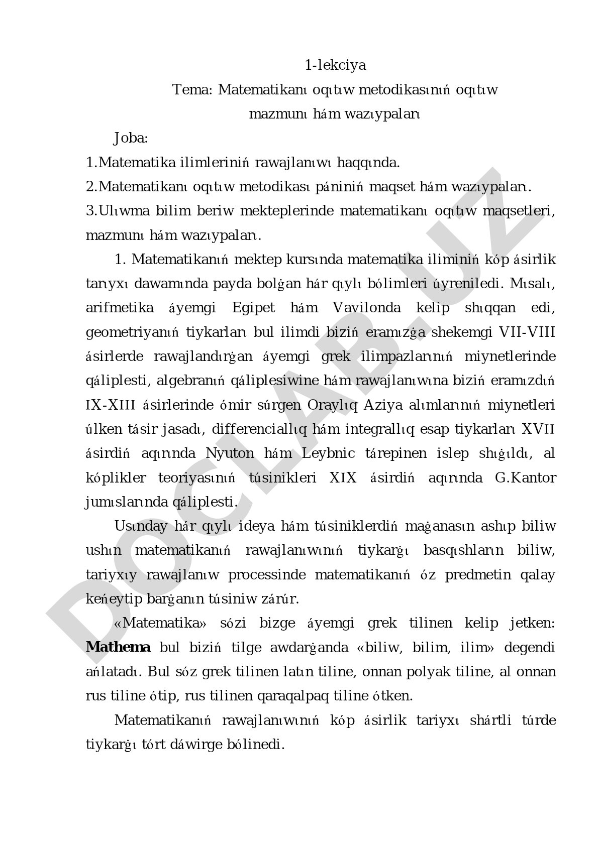 Matematikani oqitish metodikasining oqitish mazmuni ham vazifalari