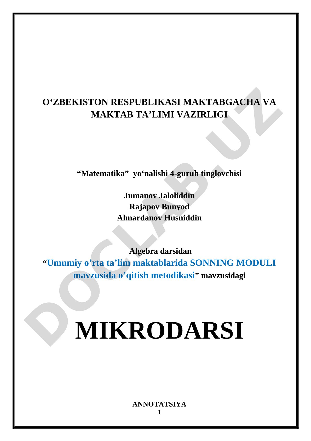 Umumiy o’rta ta’lim maktablarida SONNING MODULI mavzusida o’qitish metodikasi