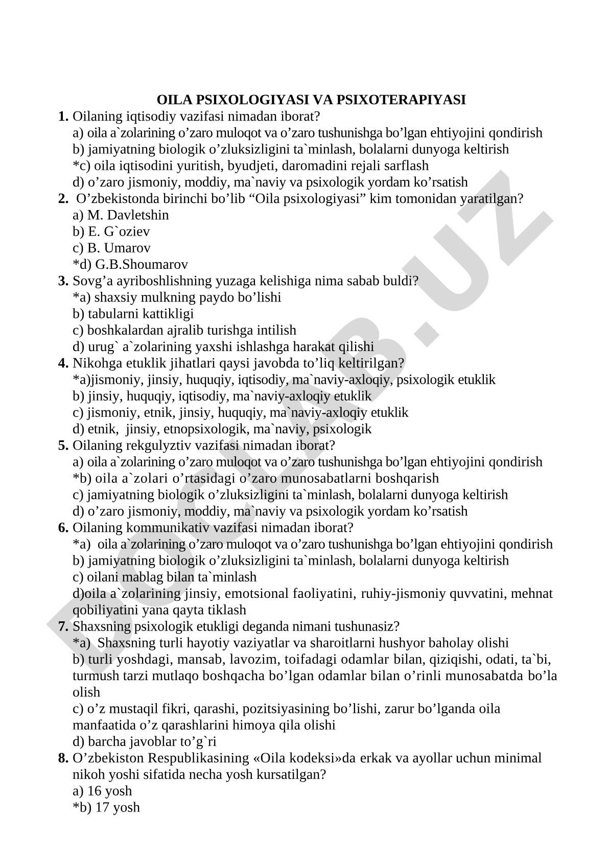 Oila psixologiyasi va psixoterapiyasi test savollari