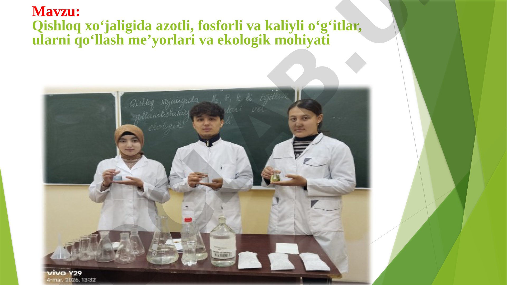 Qishloq xo‘jaligida azotli, fosforli va kaliyli o‘g‘itlar, ularni qo‘llash me’yorlari va ekologik mohiyati