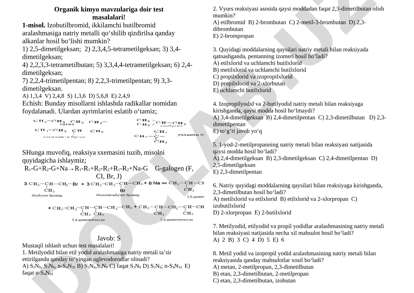 Organik kimyo mavzulariga doir test masalalari