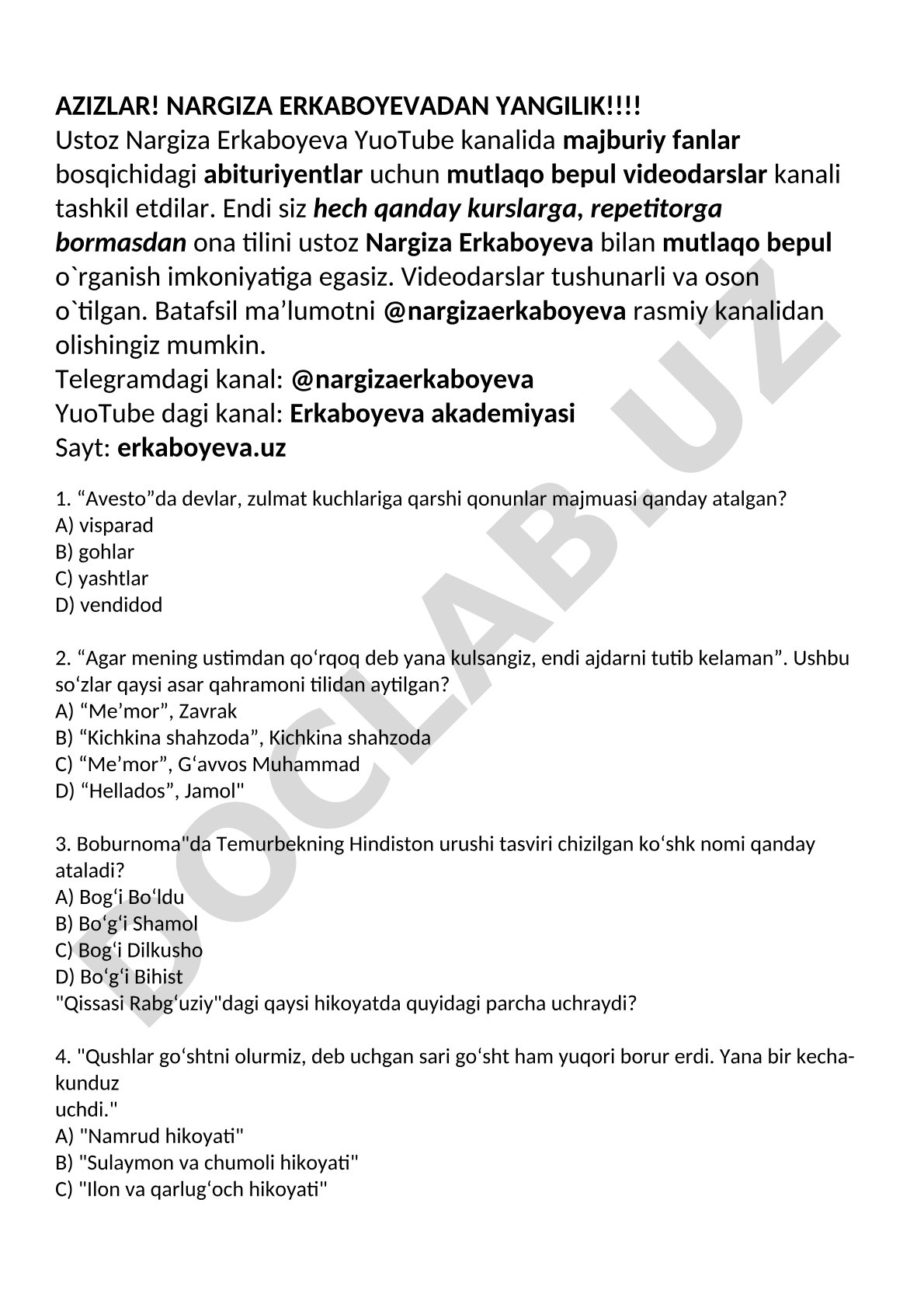 Nargiza Erkaboyevadan bepul videodarslar va test savollari