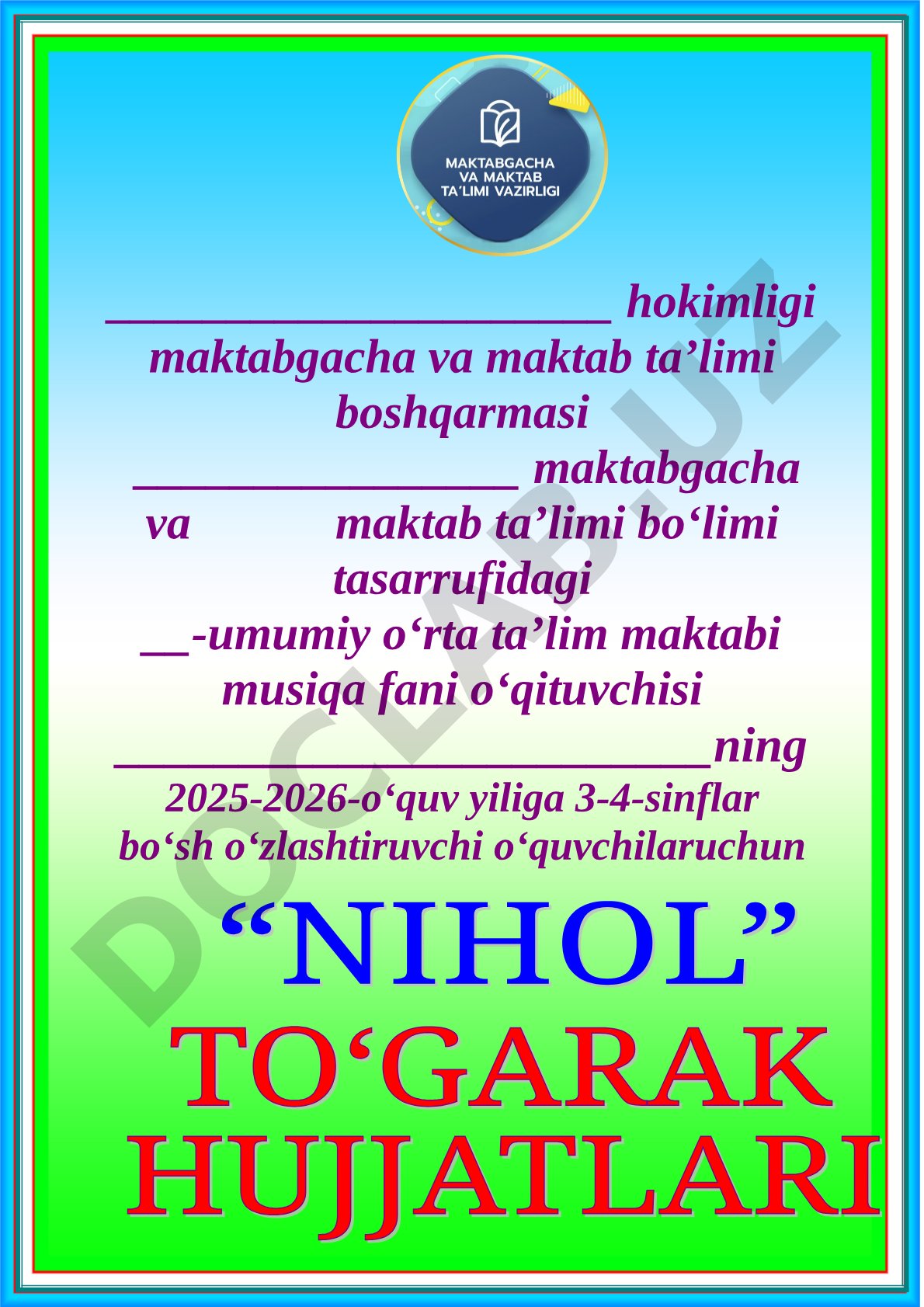 3-4-sinflar bo'sh o'zlashtiruvchi o'quvchilar uchun musiqa to'garagi ish rejasi